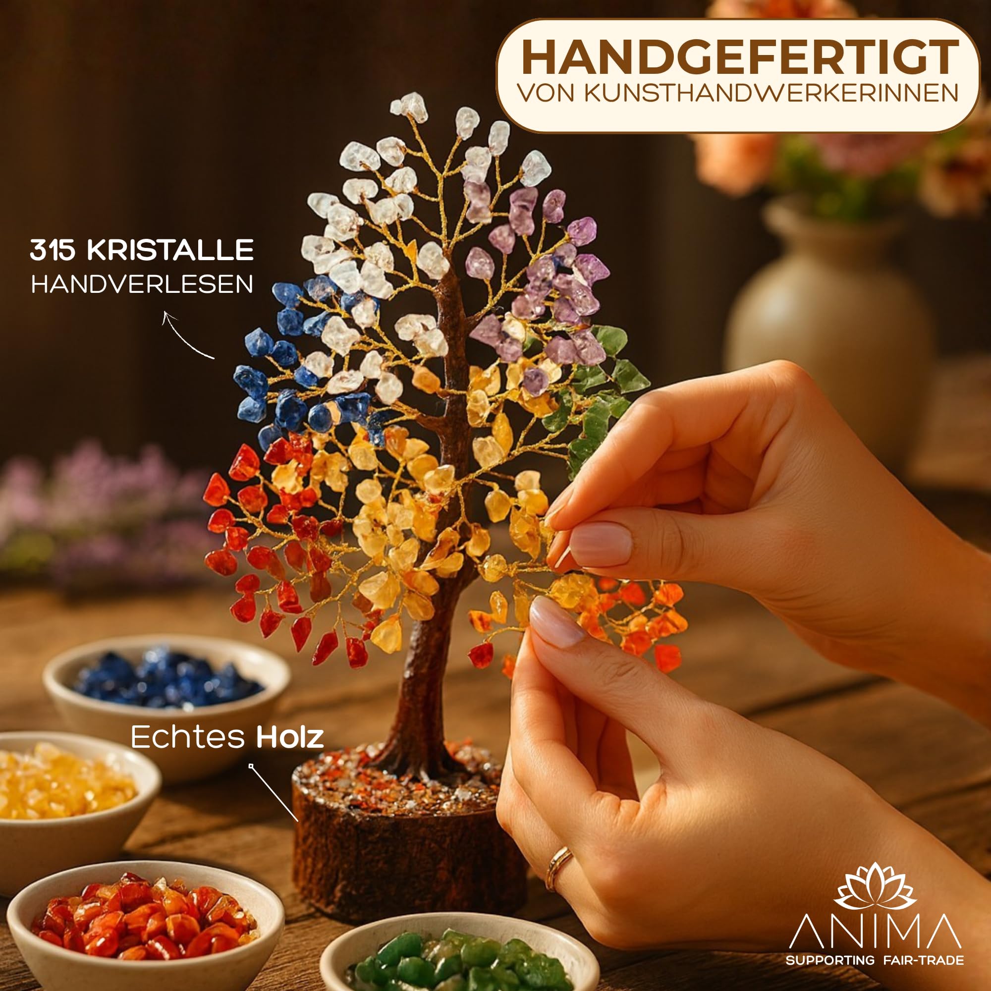 Anima Premium Kristall Lebensbaum – 7 Chakra Baum für Heilung, Harmonie, Positive Energie, Glück & Manifestation – Mit Begleitheft & Geschenkverpackung – Ethisch handgefertigt in Indien von Frauen