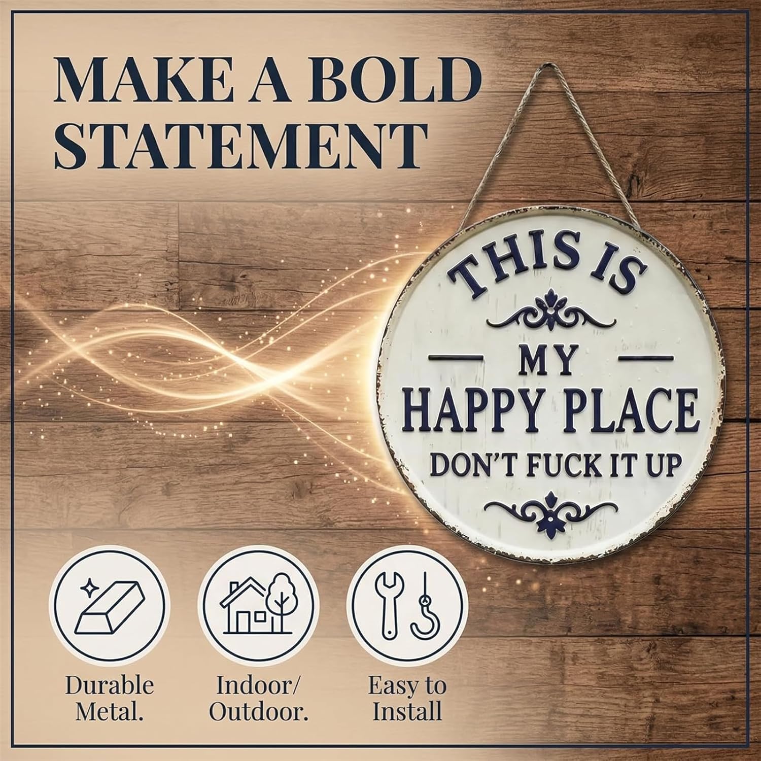 Happy Place – Vintage Statement Metal Sign, "This Is My Happy Place Don't Fuck It Up" Round Garden Wall Art Decor, Funny Hanging Decorative Signs & Plaques for Front Door (16in)