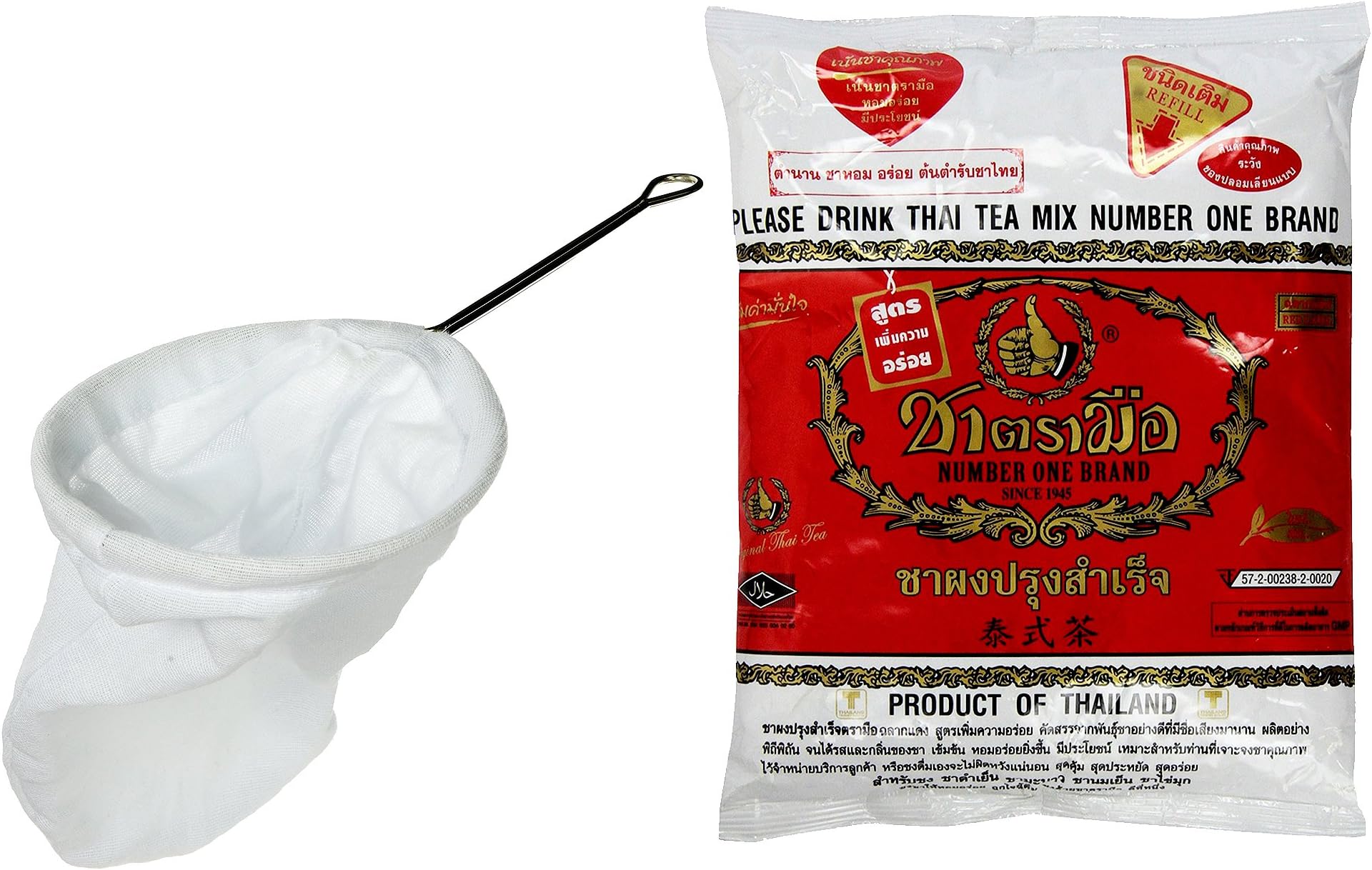Thai Tea Filter Stainless Steel Traditional Thai Style with Number One The Original Thai Iced Tea Mix (Cha Tra Mue - 400g)