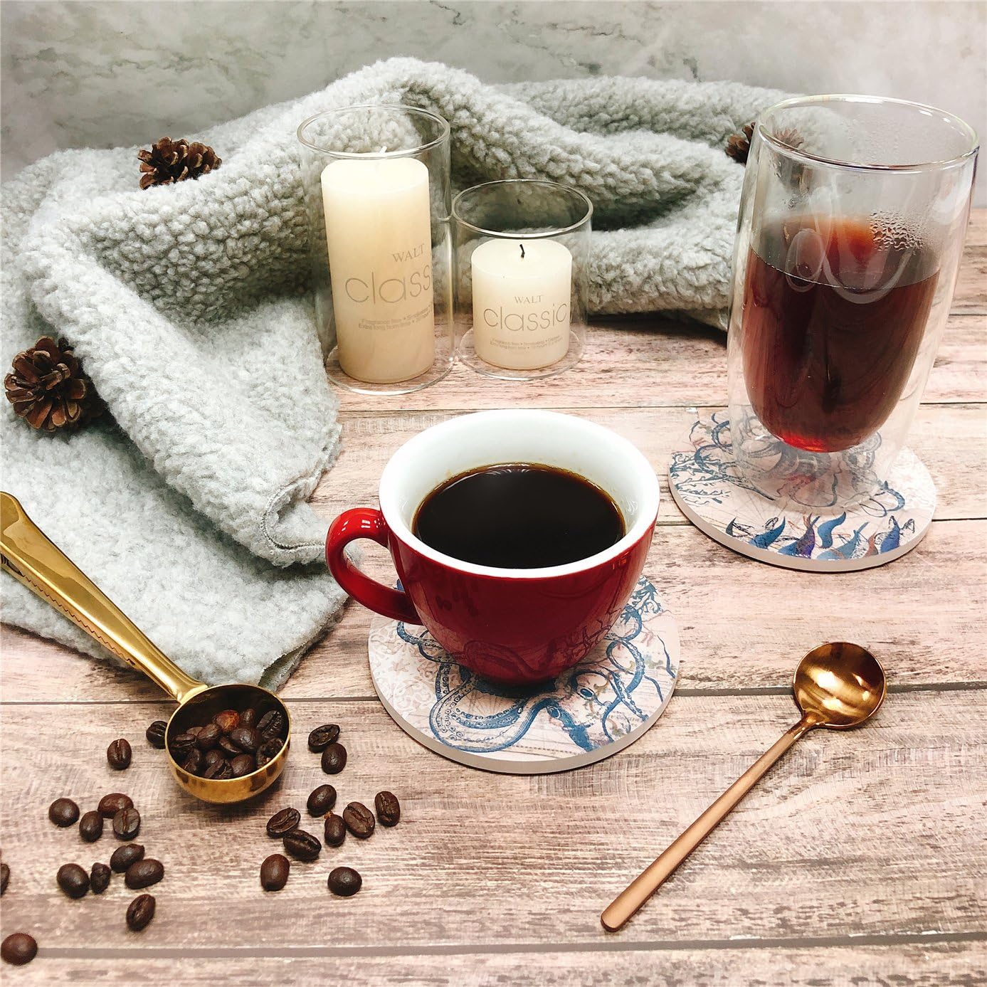 Review ENKORE Coasters Set of 6 - Absorbent Ceramic Stone Keep Spill Off Table, Coaster for Drinks in Vibrant Colors and Cork Back Pad - Octopus On World Map Novelty Design with NO Holder