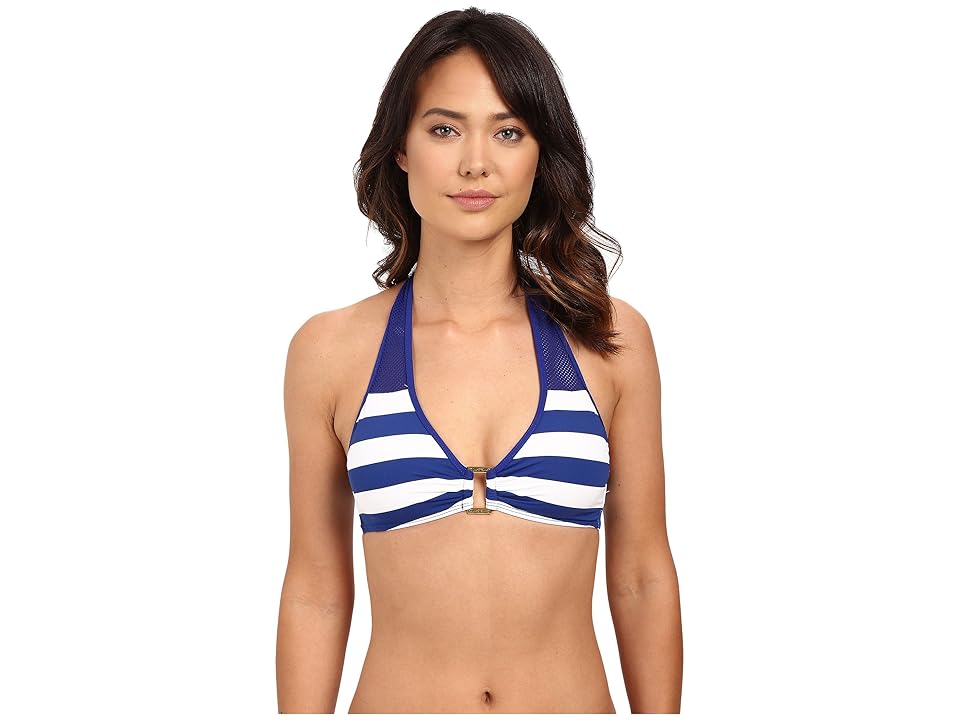 

LAUREN Ralph Lauren Balboa Stripe Ring Front Halter Top w/ Removable Cup (Deep Ocean Blue) Women's Swimwear