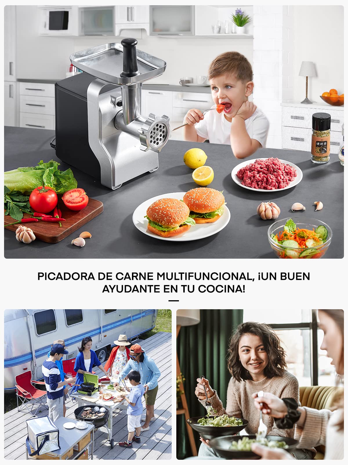 Eléctrica Picadora de Carne Profesional, HOUSNAT 5 en1 multifunción Máquina Picadora Carne con 3 Placas de Molienda de Acero Inoxidable, 2300W Max Motor de Cobre, Función Inversa, Rápido