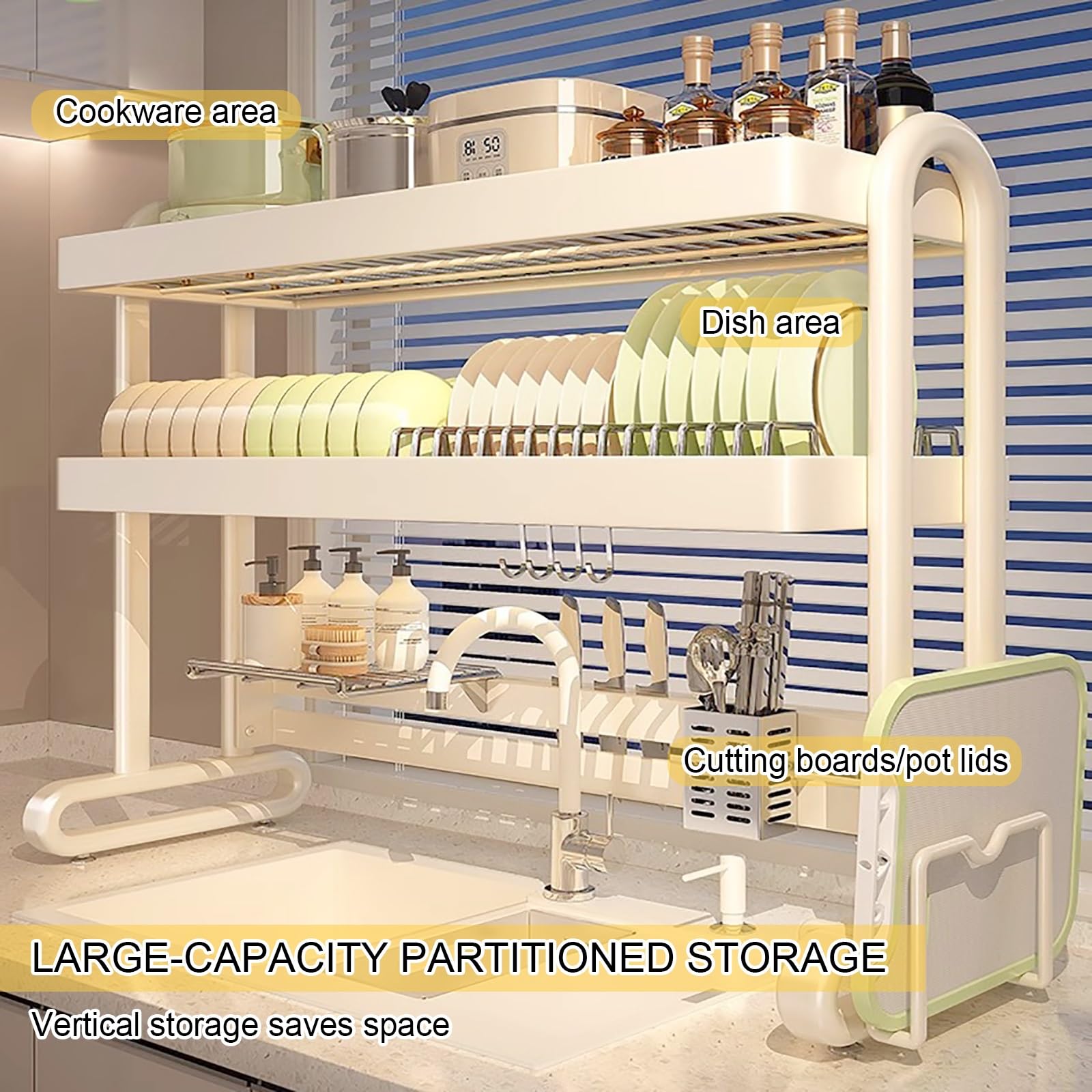 Escurreplatos Ajustable de Acero Inoxidable de 2 Niveles y Gran Capacidad - Soporte para encimera de Cocina Que Ahorra Espacio (Blanco, 65 cm)