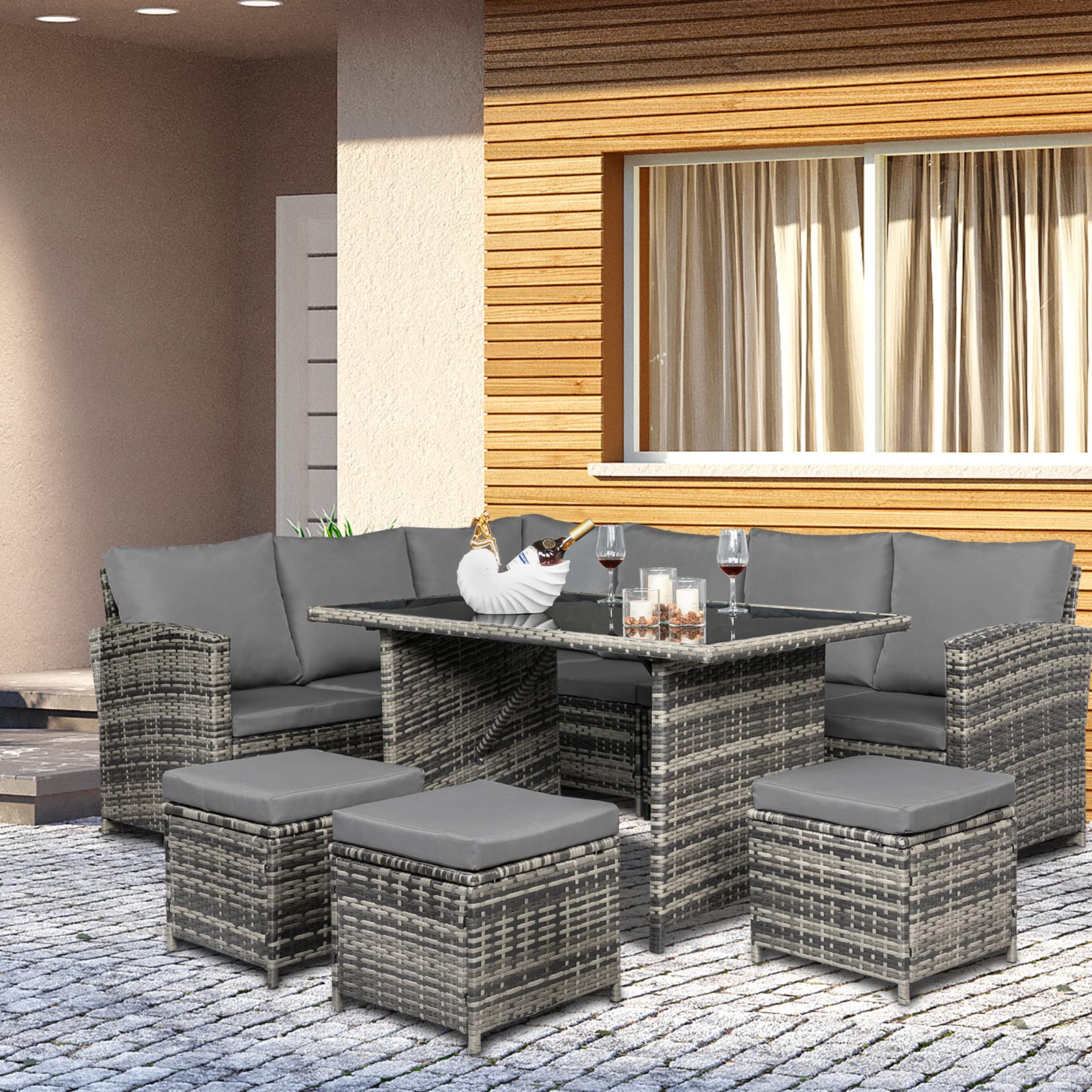 Buy Bonnlo 9 Seater Rattan Dining Set with Protective Cover, Rattan