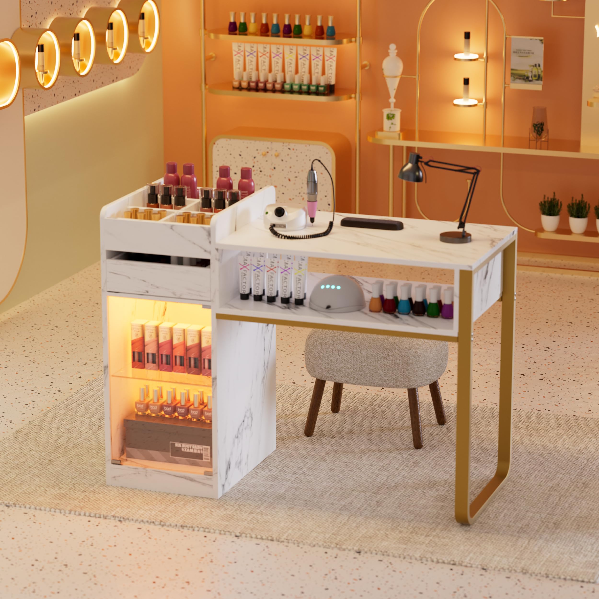 Tavolo per Manicure in Legno con Cassetti e Luci LED Regolabili, Marmo-Bianco-Oro, 117x45x81cm, per Salone di Bellezza