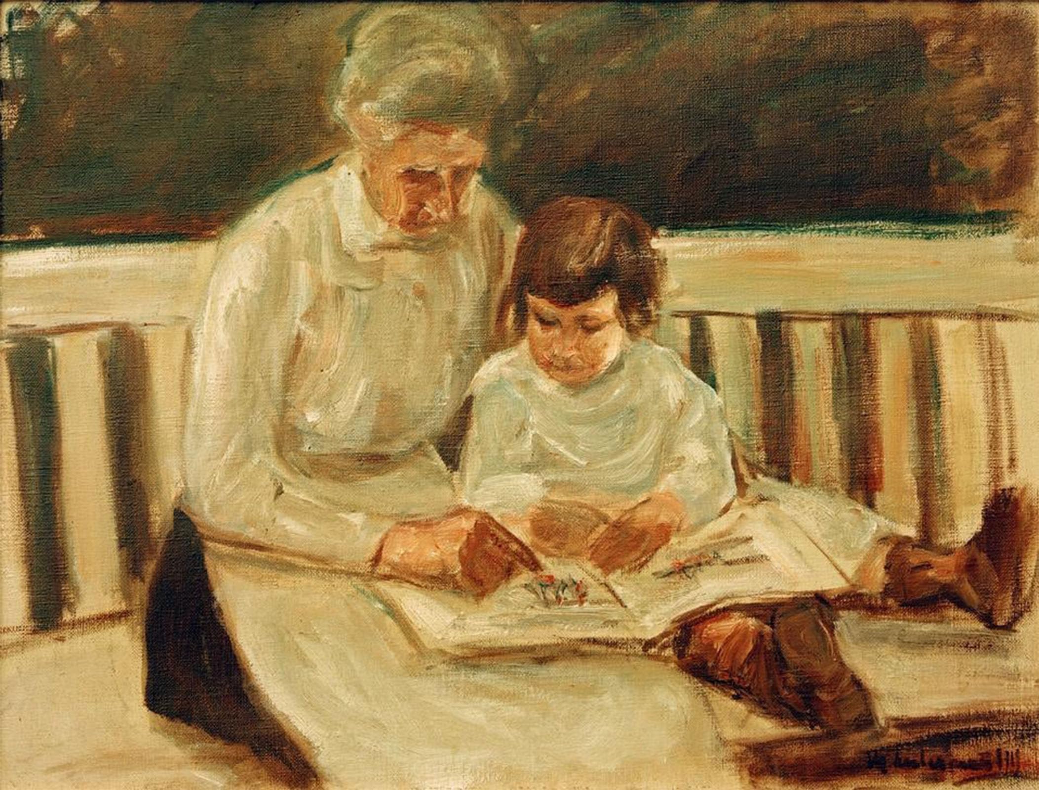 SERENDIPITP Retro Picture Poster Wall Art Pictures Painting Granddaughter and nanny on the garden bench by Max Liebermann Wall Art Canvas Print for Wall Decor 60x90cm