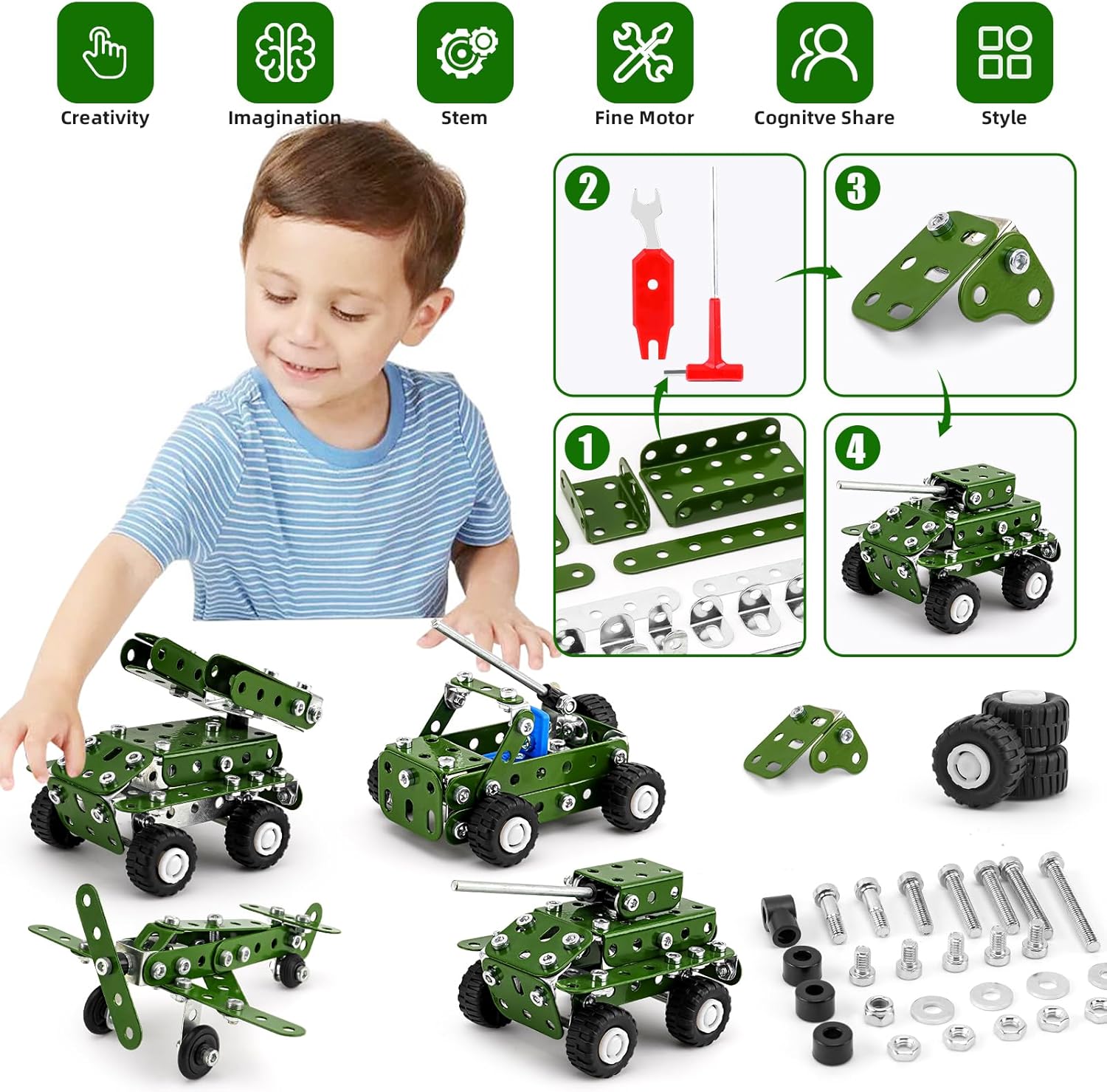 BESTYMXY Model Building Kits, Metal Military Toys Model Kit, 4 in1 Building Sets for Boys Age 8-12, Military Vehicles & Aircraft STEM Building Toys Metal Model