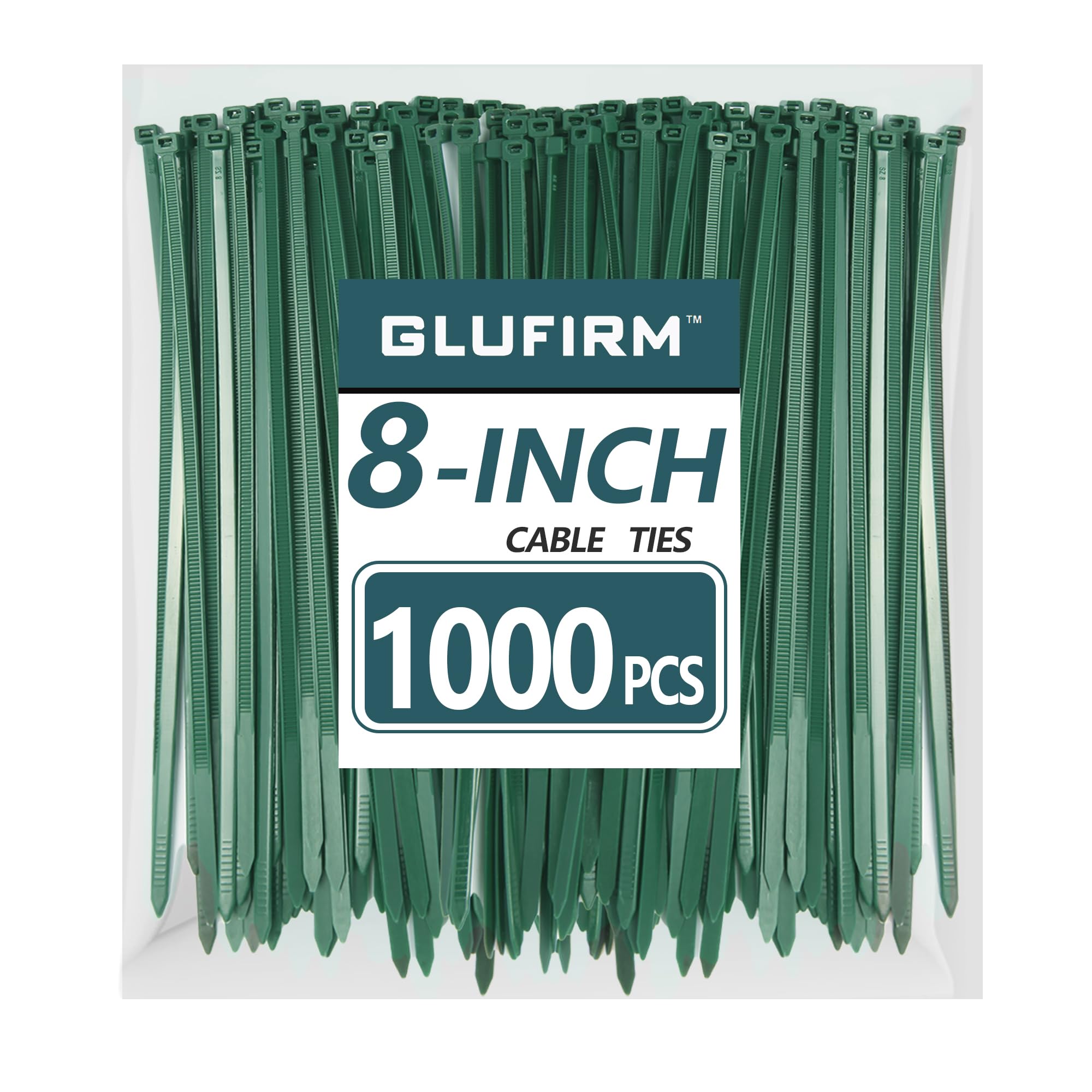 Green Zip Ties 8 inch (1000 Pack), 45lb Tensile Strength, Cable Ties for Indoor and Outdoor Use, UV and Cold Resistant Wire Ties for Home, Garden, Fencing, Glufirm