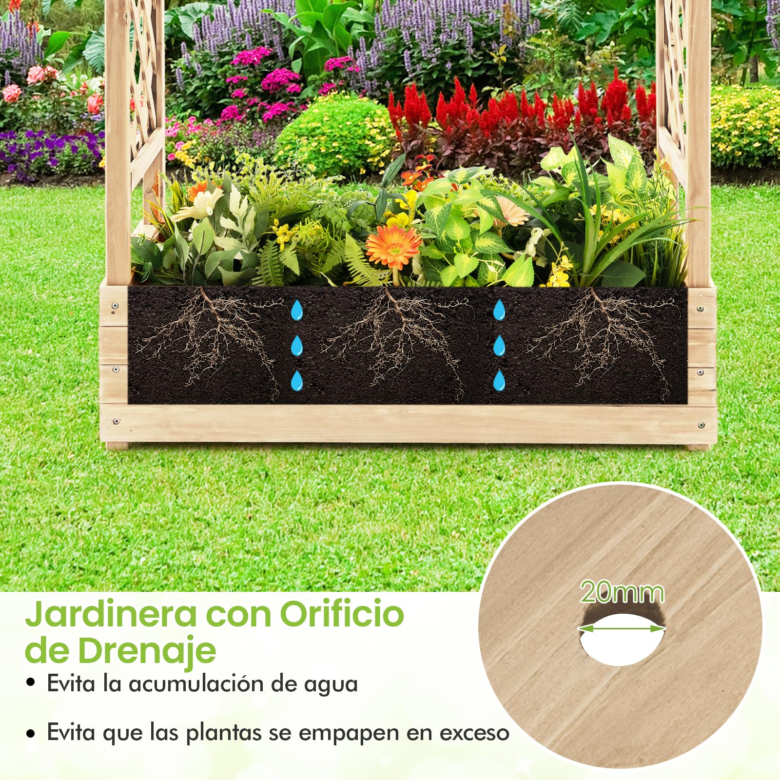 COSTWAY Jardinera Elevado con Enrejado Arqueado, Techo Colgante, Macetero, Orificios de Drenaje, Contenedor Vertical de Plantas, Macetero de Madera Interior Exterior para Jardín Patio (Natural)