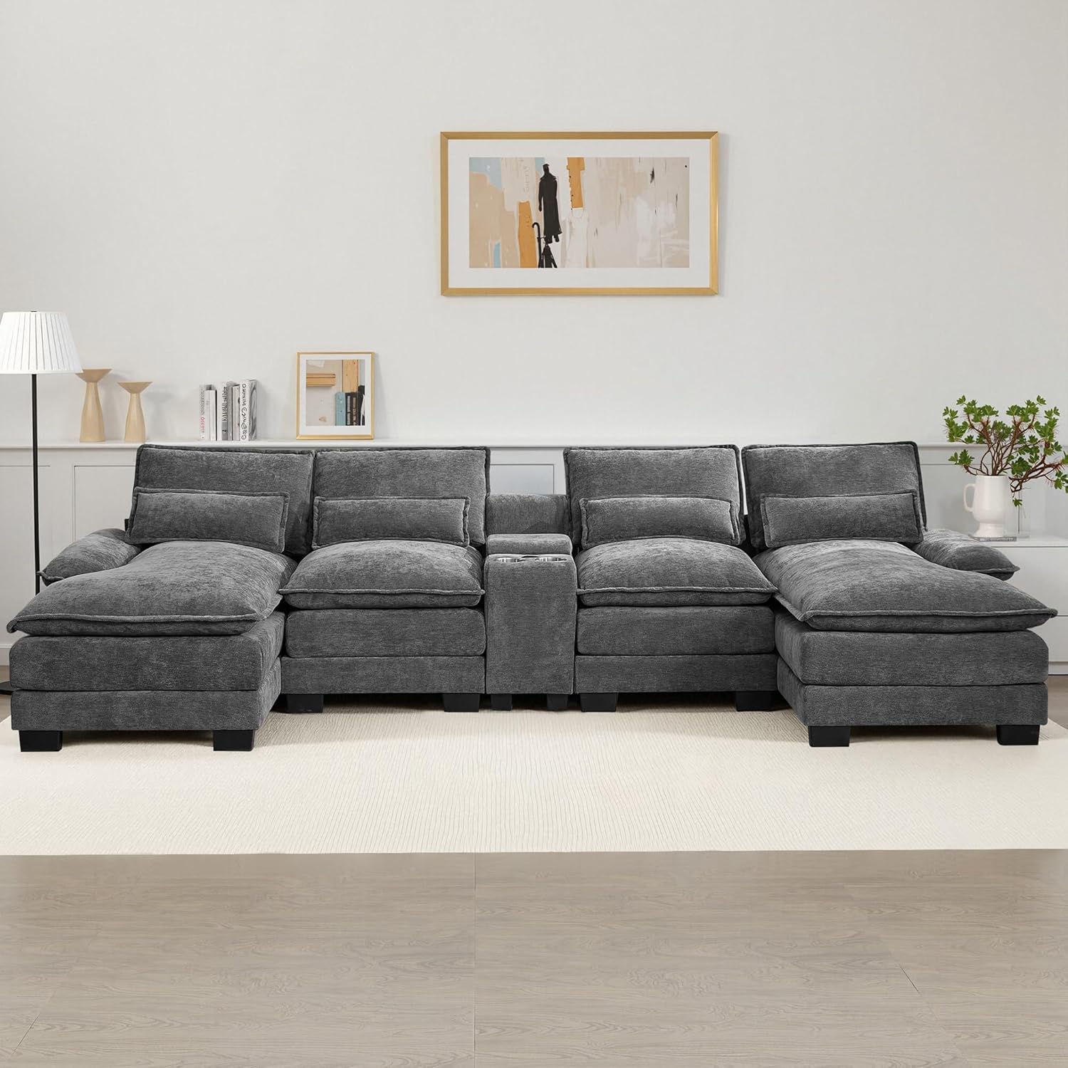 CACFTII 125" U-Shaped Cloud Modular Sectional Sofa, Grey Chenille with Double Chaise, Storage Console, Cup Holders & USB Port