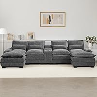 CACFTII 125" U-Shaped Cloud Modular Sectional Sofa, Grey Chenille with Double Chaise, Storage Console, Cup Holders & USB Port