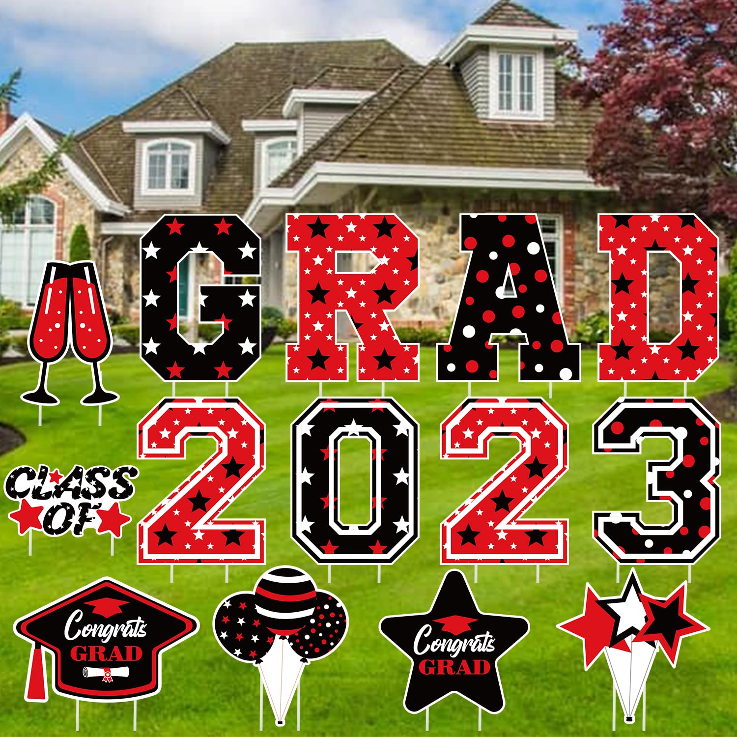 14 PCS 2023 Graduation Decorations 16 Inch Waterproof Graduation Yard Signs Large Congrats Grad Yard Signs Class of 2023 Graduation Yard Sign with Stakes for Graduation Party Decorations Supplies(Red Black)