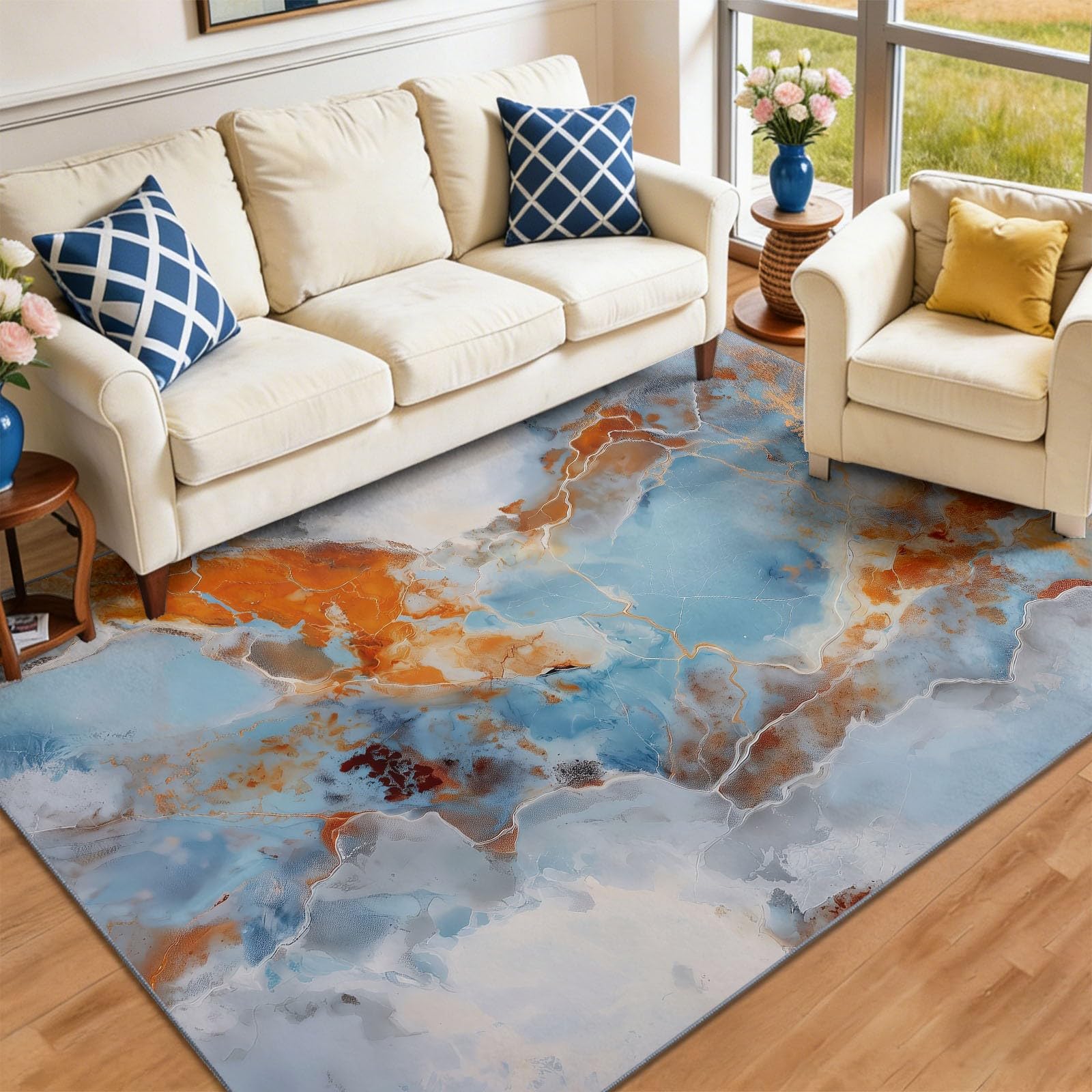 Tapis de salon bleu lavable pour éliminer les taches en salle à manger