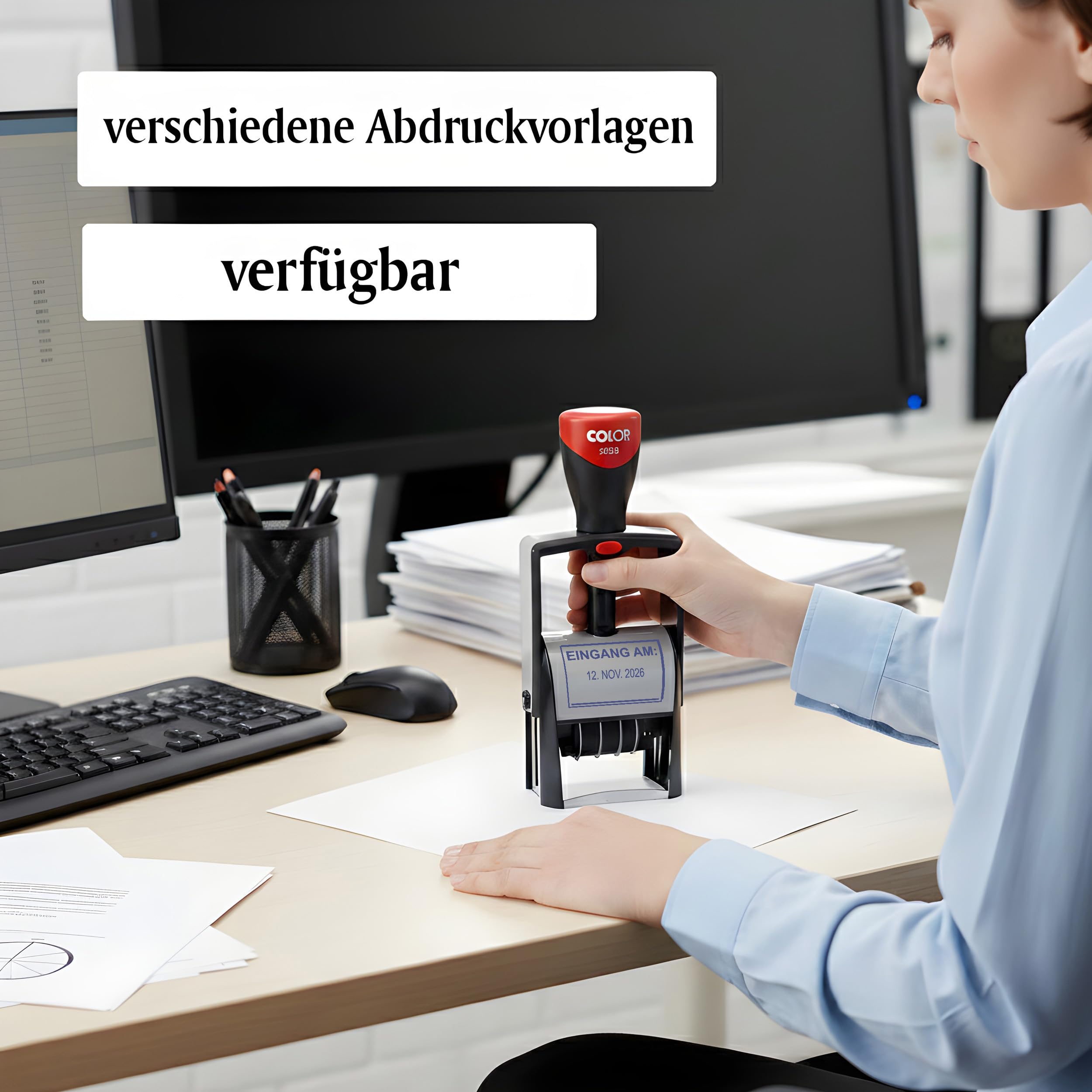 Dekolando Datumsstempel Stempel EINGANG AM – Colop 2360 selbstfärbender Kontierungsstempel mit Datum 44x29 mm, verstellbar Datumstempel für Büro & Verwaltung, Firmenstempel