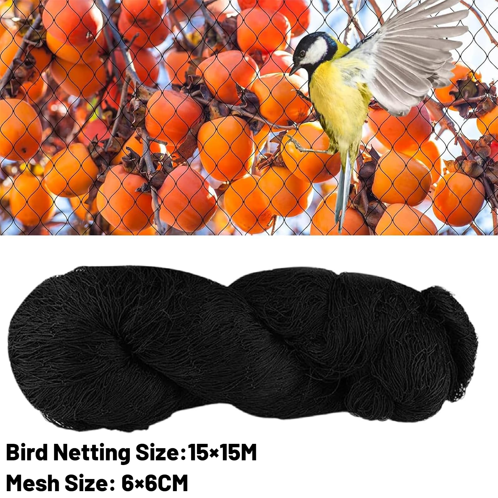 Red de protección para pájaros, 15 m × 15 m, malla estrecha con 6 cm de ancho de malla, red de protección para pájaros, para jardín, balcón, árboles frutales o estanque, resistente a la