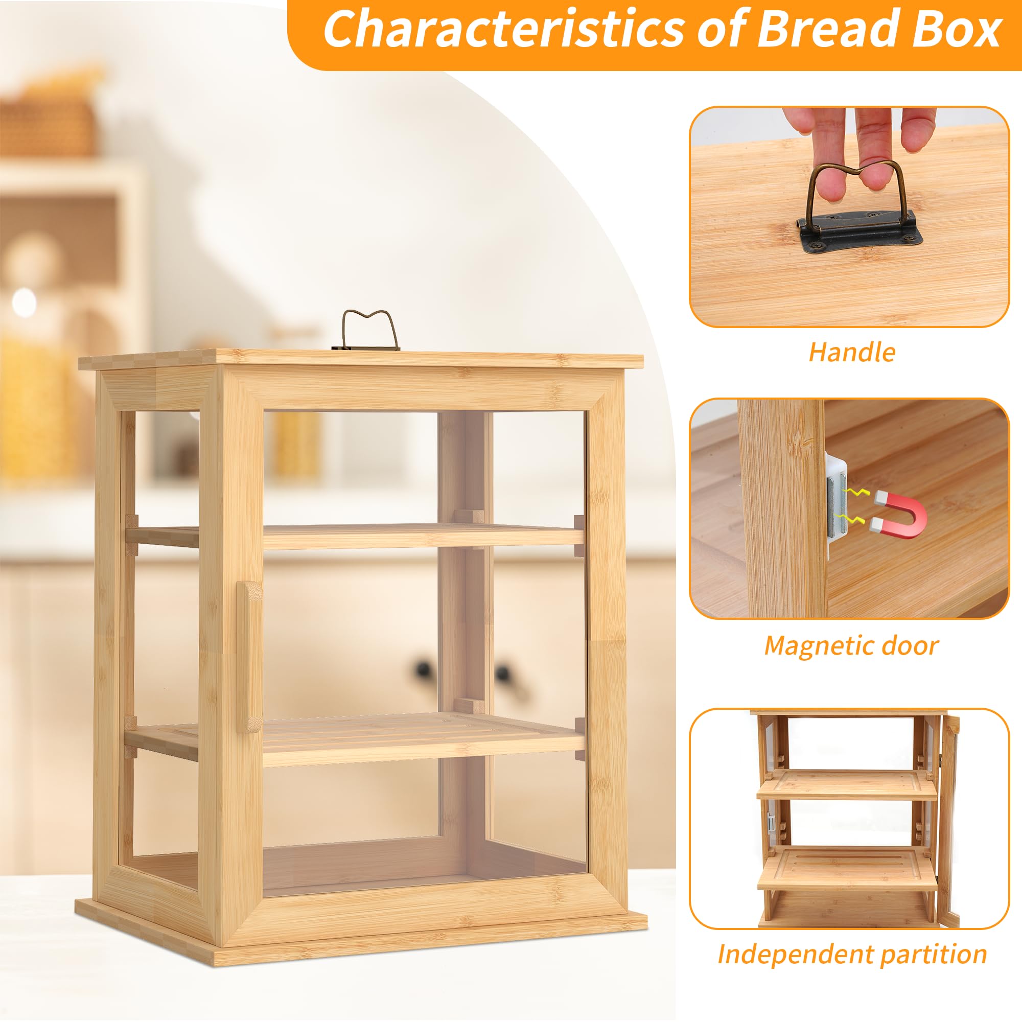 Panera de bambú para pan, contenedores de almacenamiento de pan de 3 capas, vitrina de colección de pan con ventana transparente y capa extraíble para cocina, montaje automático