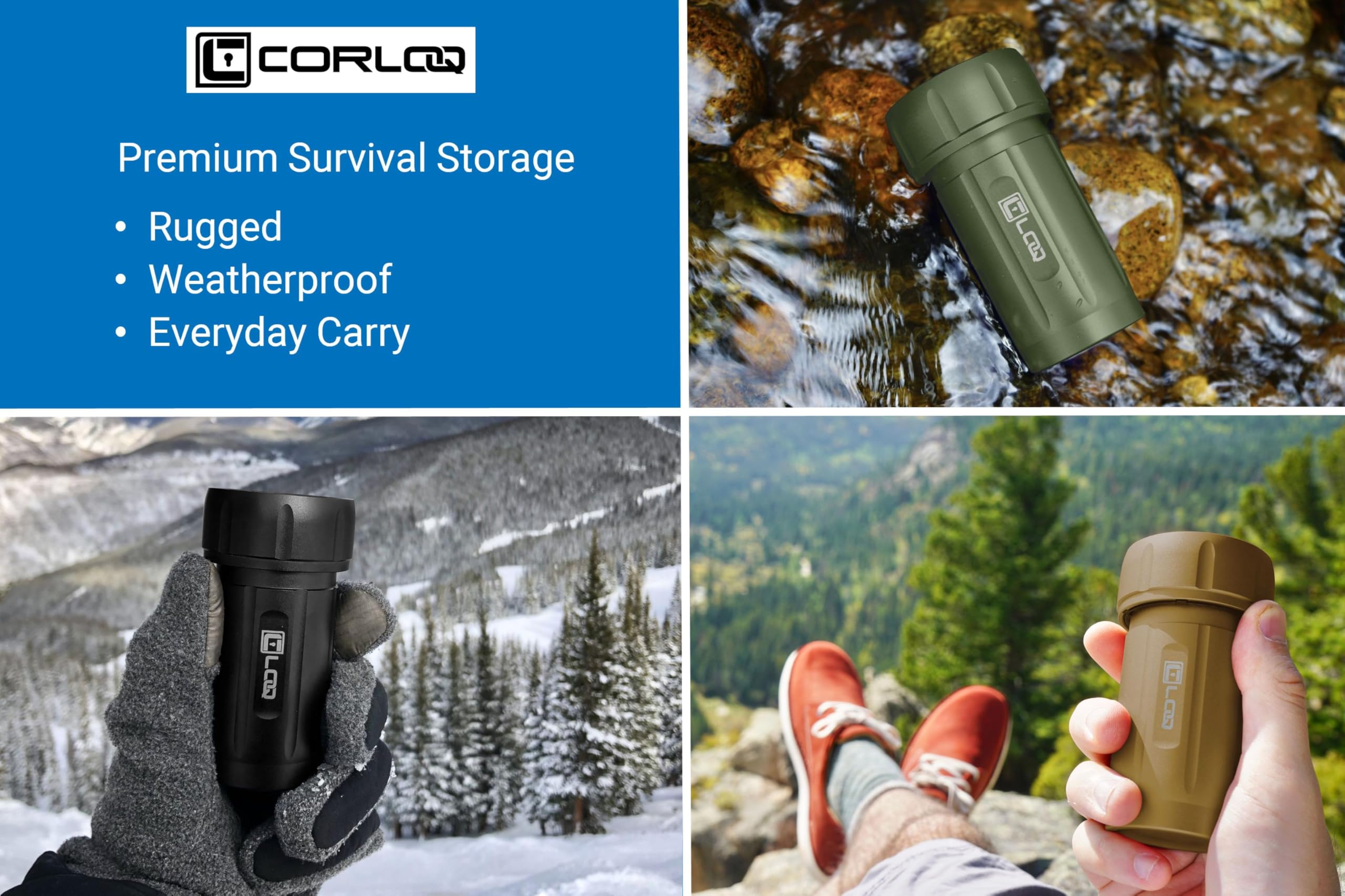 Corloq EDC120 Rugged Waterproof EDC Survival Bug Out Storage Container, Zytel, Black Body, Black Cap