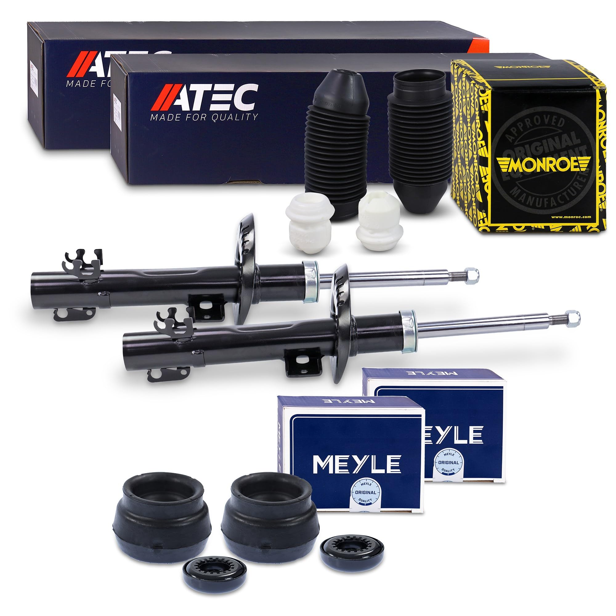 ATEC Germany 2x Stoßdämpfer + MEYLE Domlager + MONROE Staubschutzsatz vorne