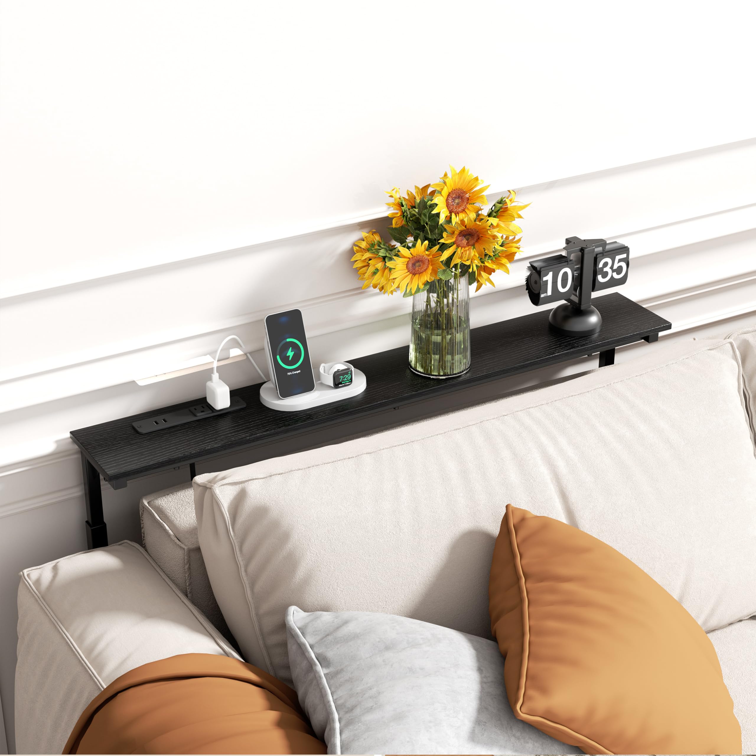 grleaf 45" adjustable height narrow console table with power outlets, long sofa table with charging station behind couch table skinny entryway table for living room, hallway and office - black