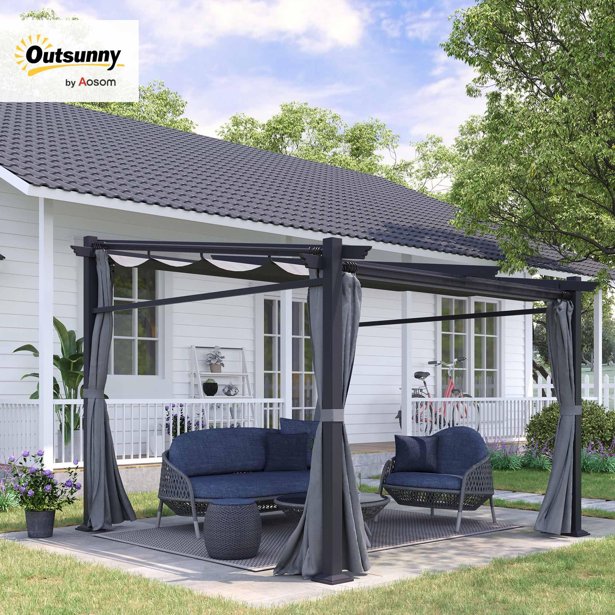 Outsunny Pergola 2,97 x 2,95 m Pavillon hydrofuge avec toit solaire et parties latérales, abri de terrasse, meubles de jardin, polyester gris foncé