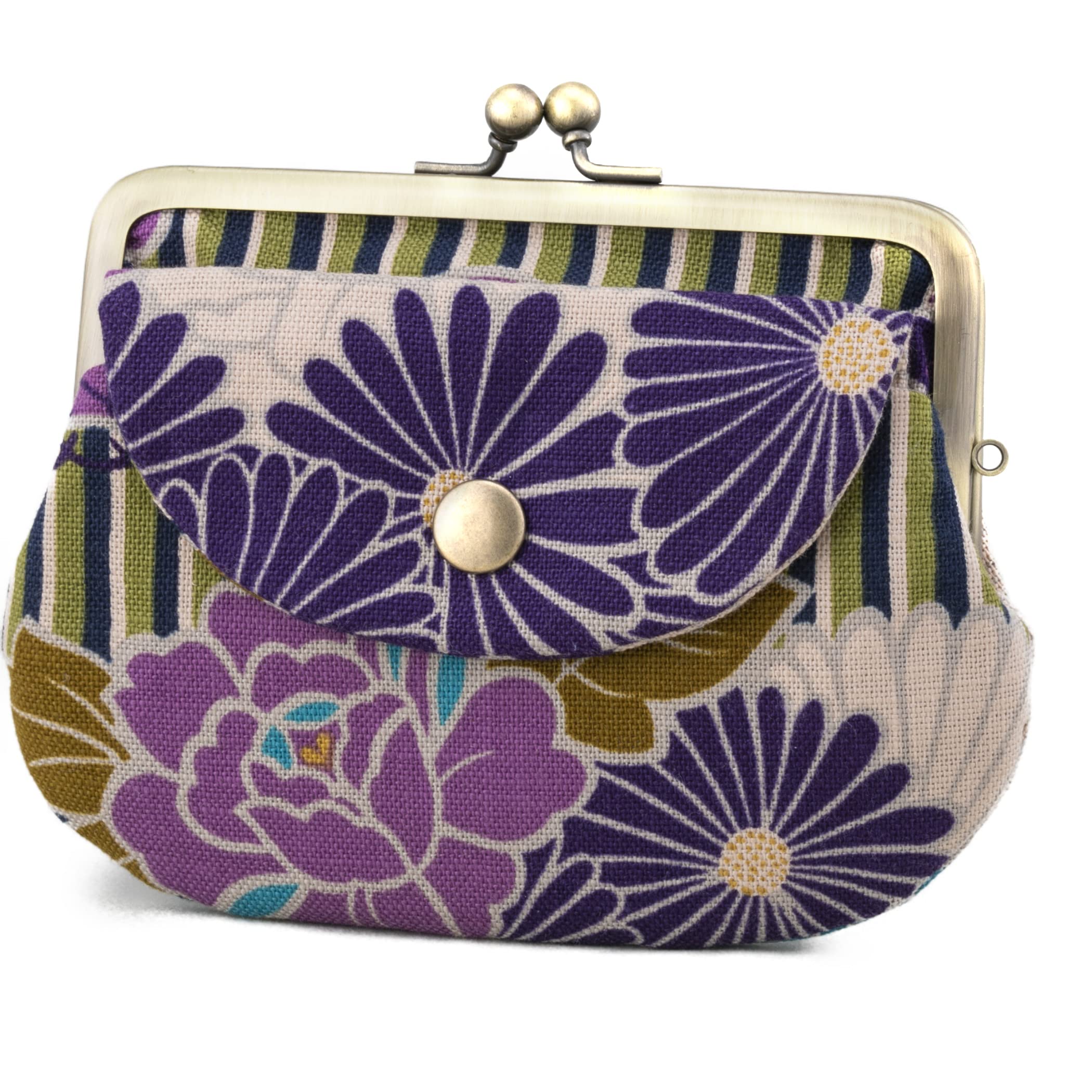 Cartera japonesa con clip para mujer y hombre (flor retro) fabricada en Japón, mini mediano y pequeño, monedero doble con bolsillo, Retro Flower Purple, Clip para billetes