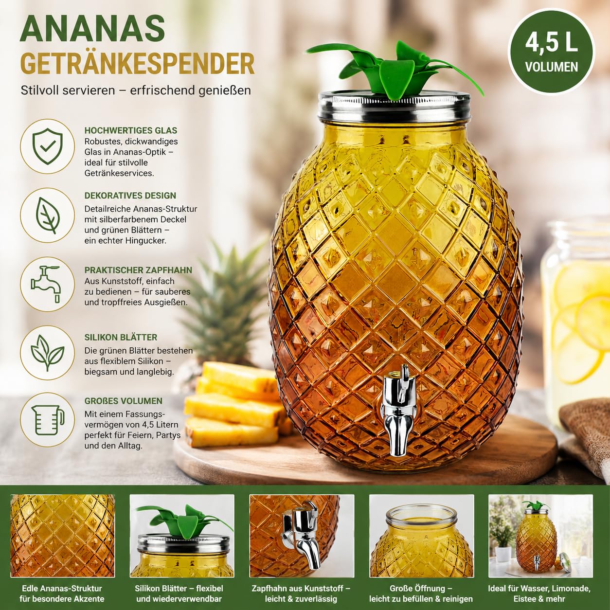 2er Set Getränkespender je 4,5L Ananas Glas mit Zapfhahn Getränkebehälter Saftspender Limonadenspender Partyspender Deckel 30cm für Cocktails Eistee Spender - gelb orange