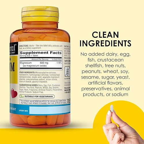 Miniatura 5 de Mason Natural Magnesio 500 mg extra fuerte, suministro de 300 días, apoya la salud normal del corazón y el sistema nervioso, paquete de 3