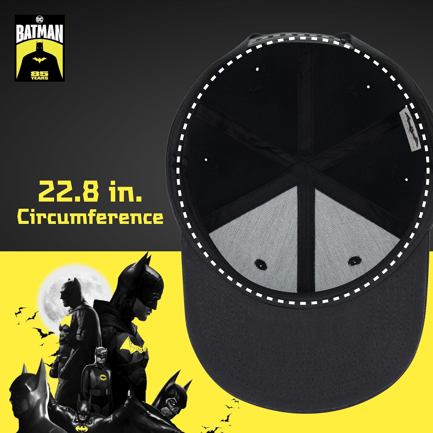DC Comics Batman Baseball Cap, Adult Polyester Adjustable Dad Hat with Flat Brim for Men and Women, Black, One Size