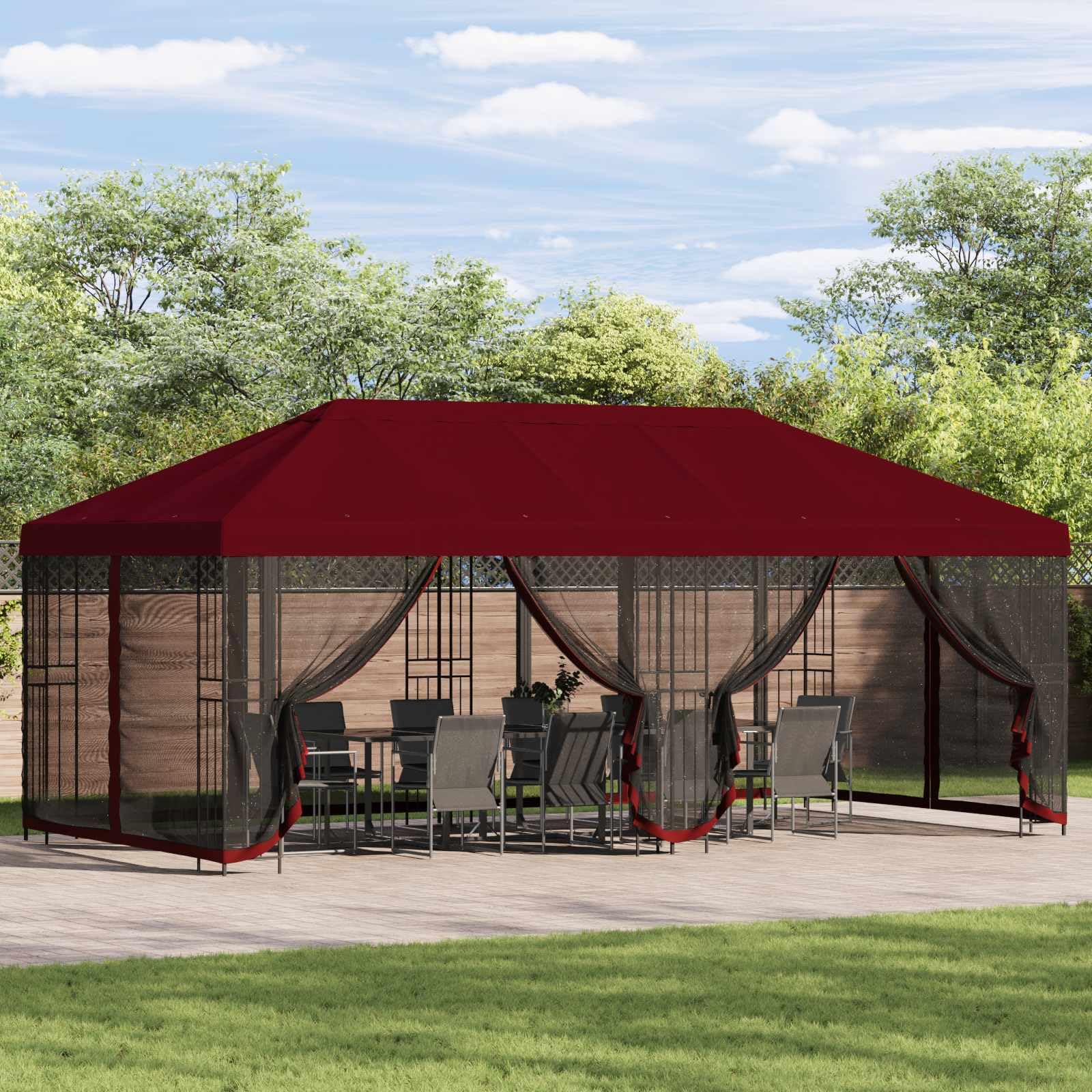 Pawilon ogrodowy zestaw z 2 pawilonami, 6 x 3 m bordowy czerwony, zadaszenie 600,5 x 300,5 cm, 14 ścian bocznych z siatki z zapięciem na rzepy, poliester i stal, wodoodporny