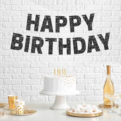 Miniatura 8 de Cartel de feliz cumpleaños pre-encordado  No DIY  Cartel negro para fiesta de cumpleaños con purpurina  Guirnalda preencordada en hebras de 8 pies