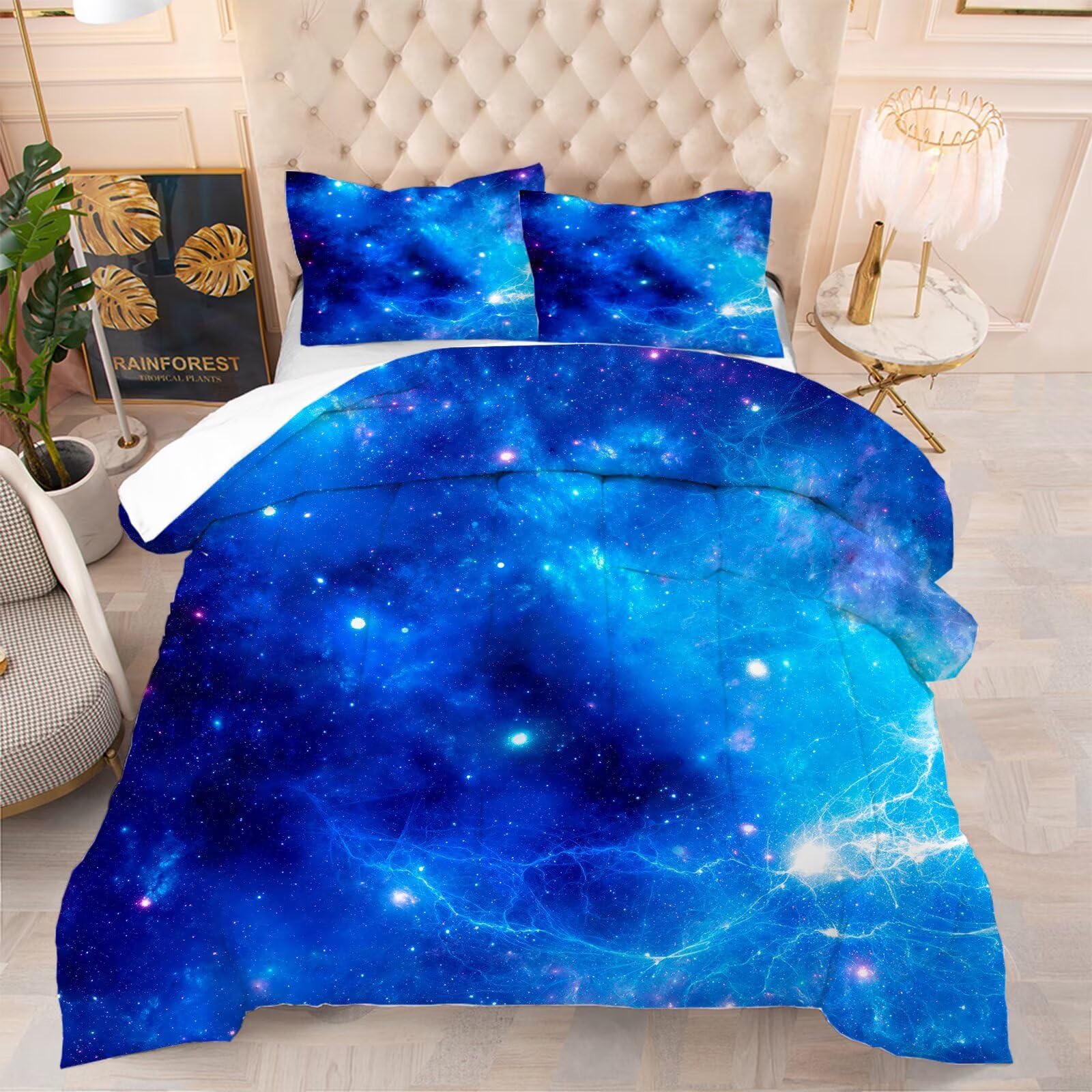 kxry Blue Galaxy Space Comforter Set Full Size Outer Space Starry Sky Universe Bedding Sets for Girls Teens Kids Soft Microfiber Lightweight Comforter