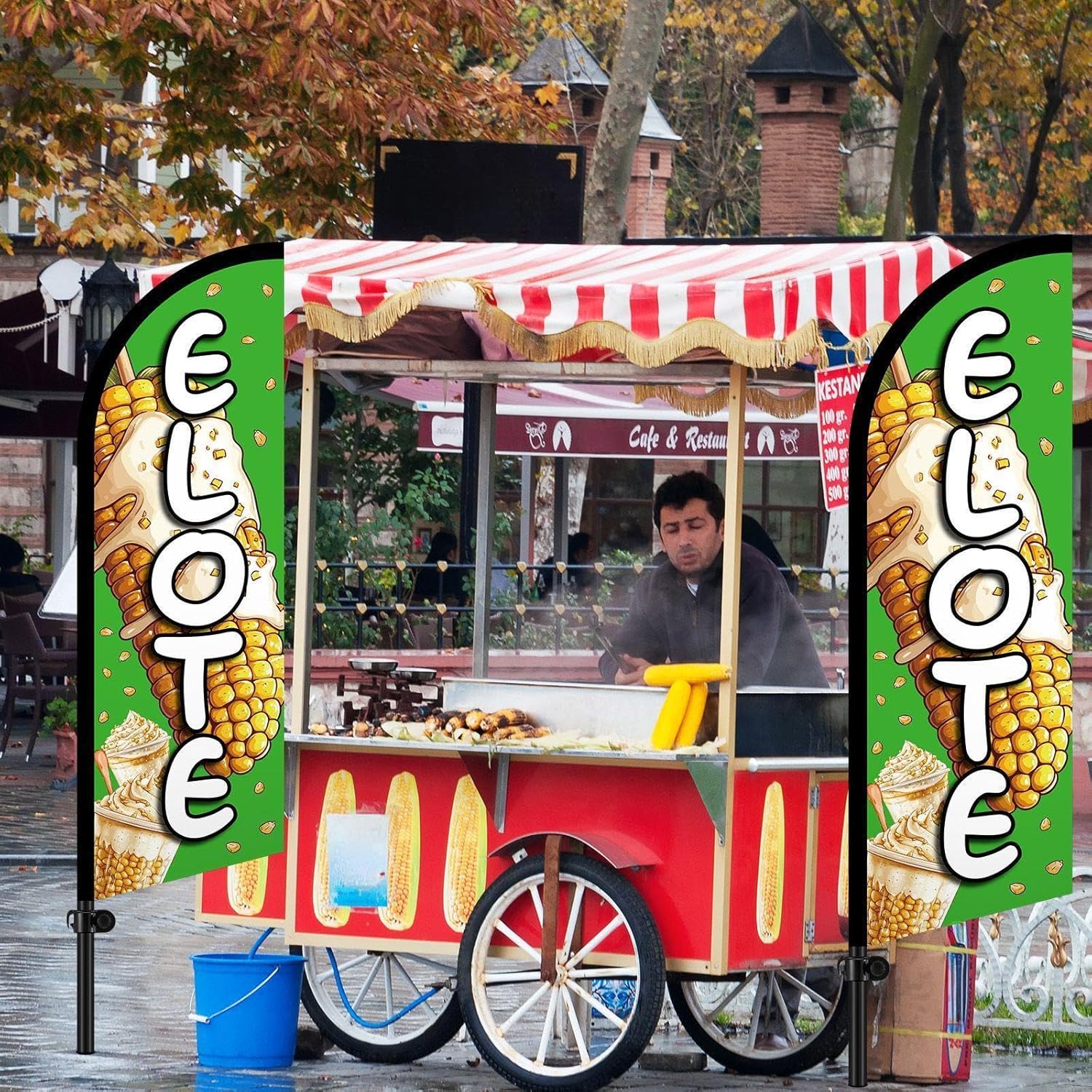 Remagr 2 Pcs Elote Flag 8.2 ft Elote Feather Flag with Flagpole Storage Bags Advertising Swooper Flags Banner Signs with Pole Ground Stake for Shop Snack Bar Business Outside Advertising Supplies