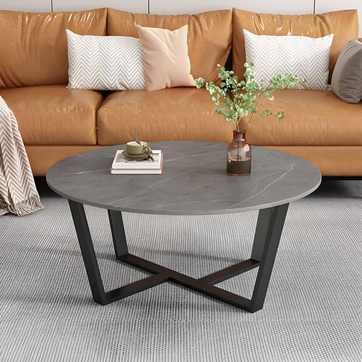 Amazon.com: RUNNUP Round Coffee Table, Living Room Table with Black Metal Frame Simple Stone Top ...