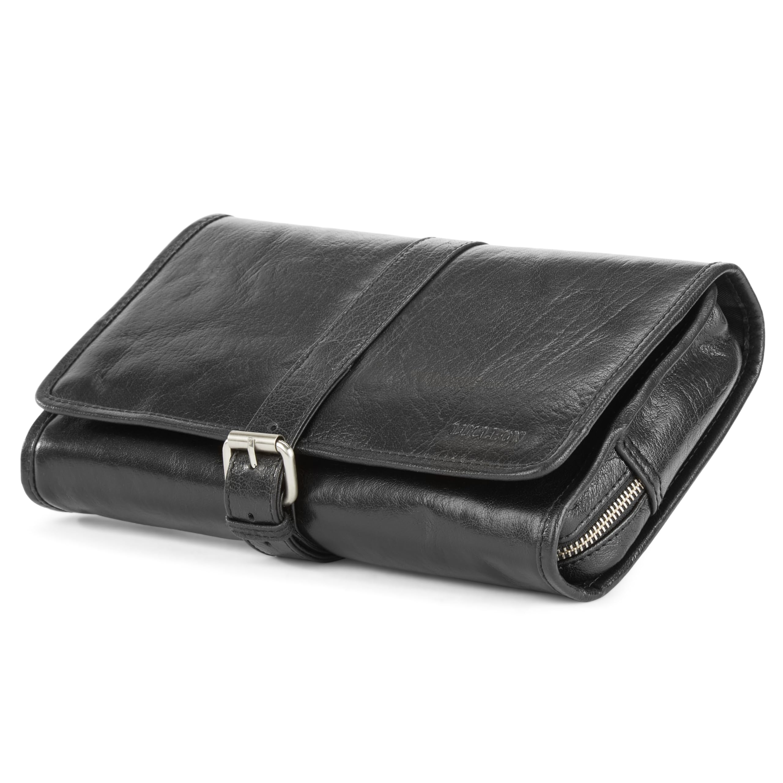 Lucleon by Trendhim - Neceser colgante de piel para hombre, espacioso neceser de piel auténtica con acabado de anilina y forro de algodón, gancho para colgar, elegante diseño danés para viajes, Black