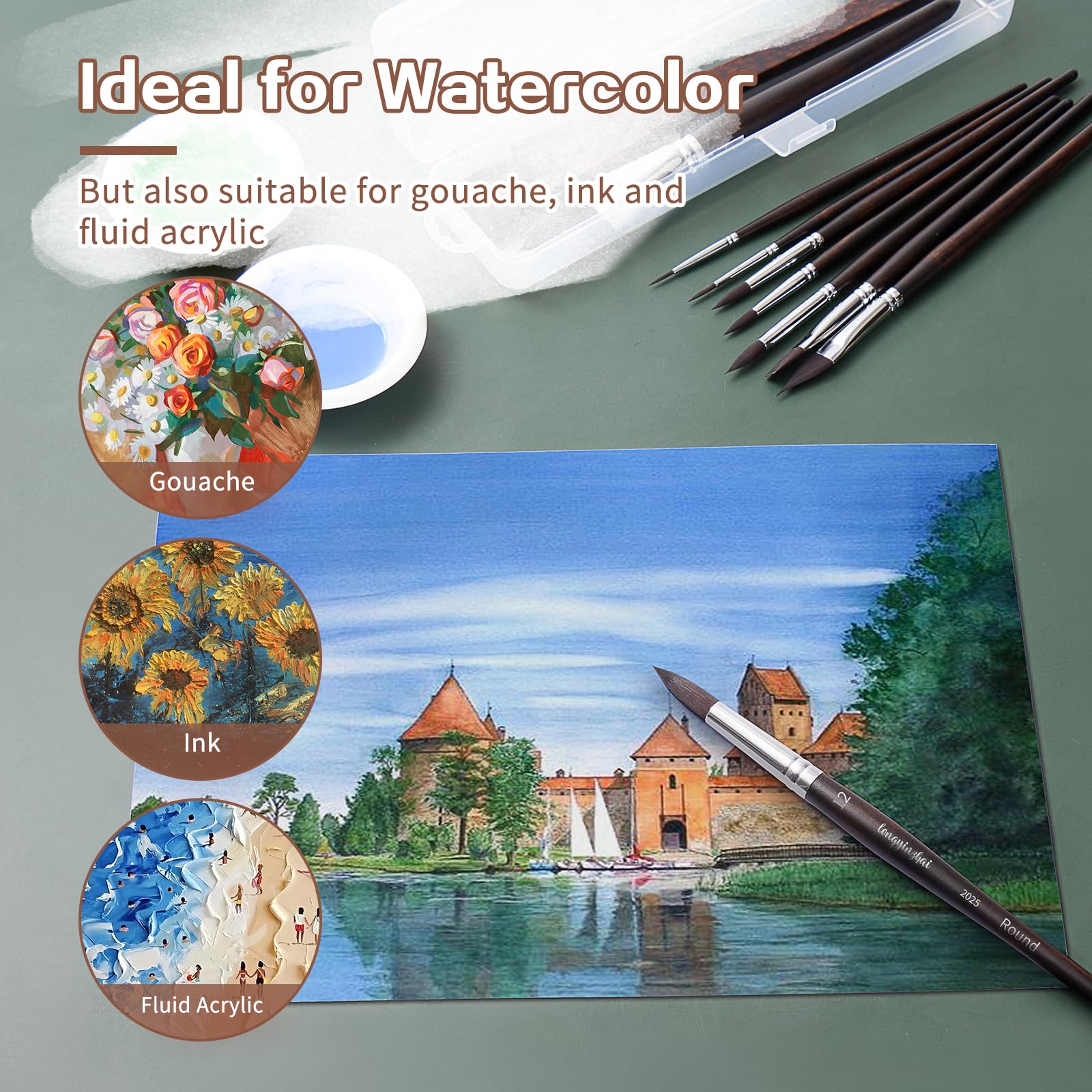 Professional Watercolor & Oil Paint Brush Set - 10 Premium Round Brushes with Dagger/Flat/Oval Shapes for Artists, Beginners & Adults (Includes Travel Case)