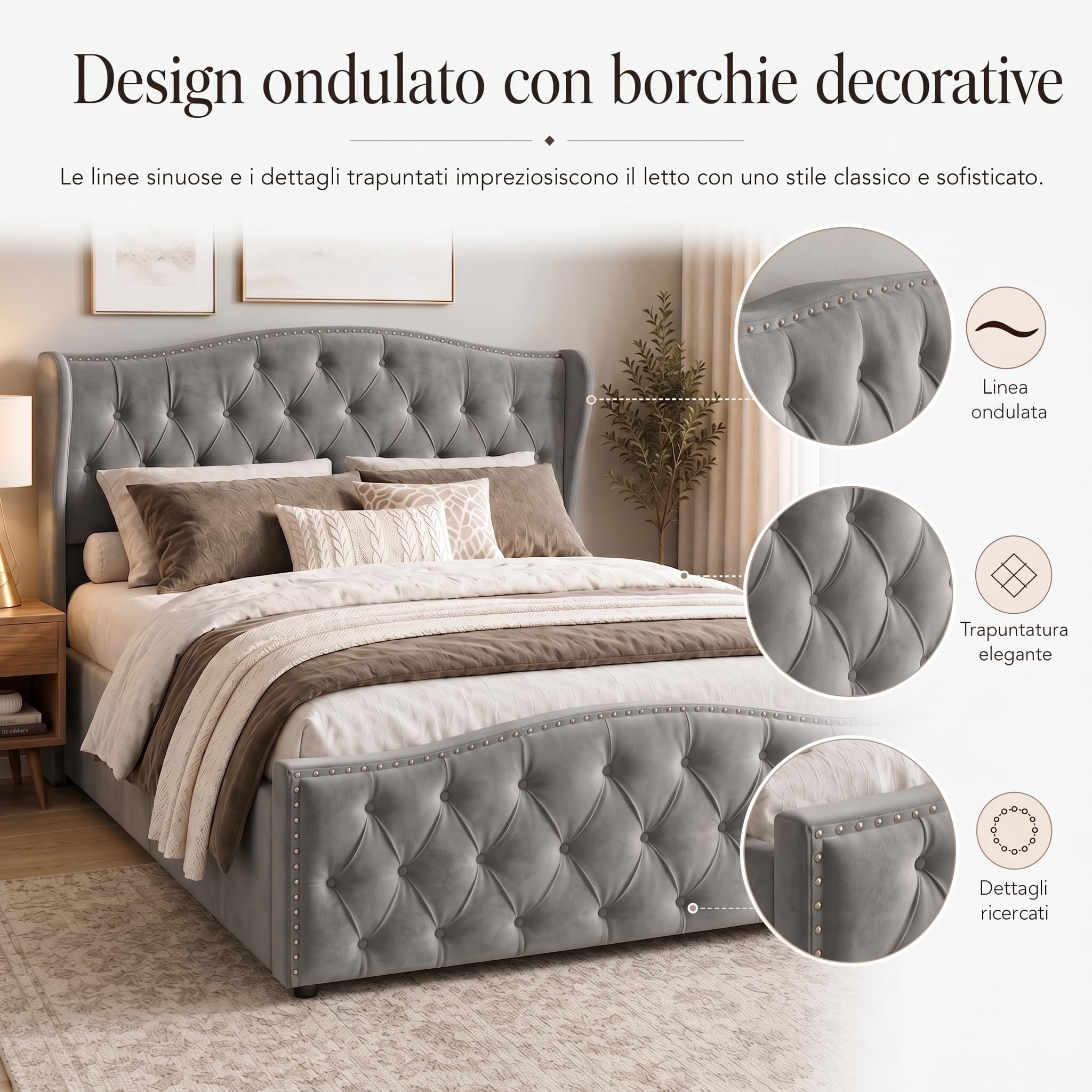 Letto Imbottito Matrimoniale 160 x 200 cm, Letto di Stoccaggio Idraulico