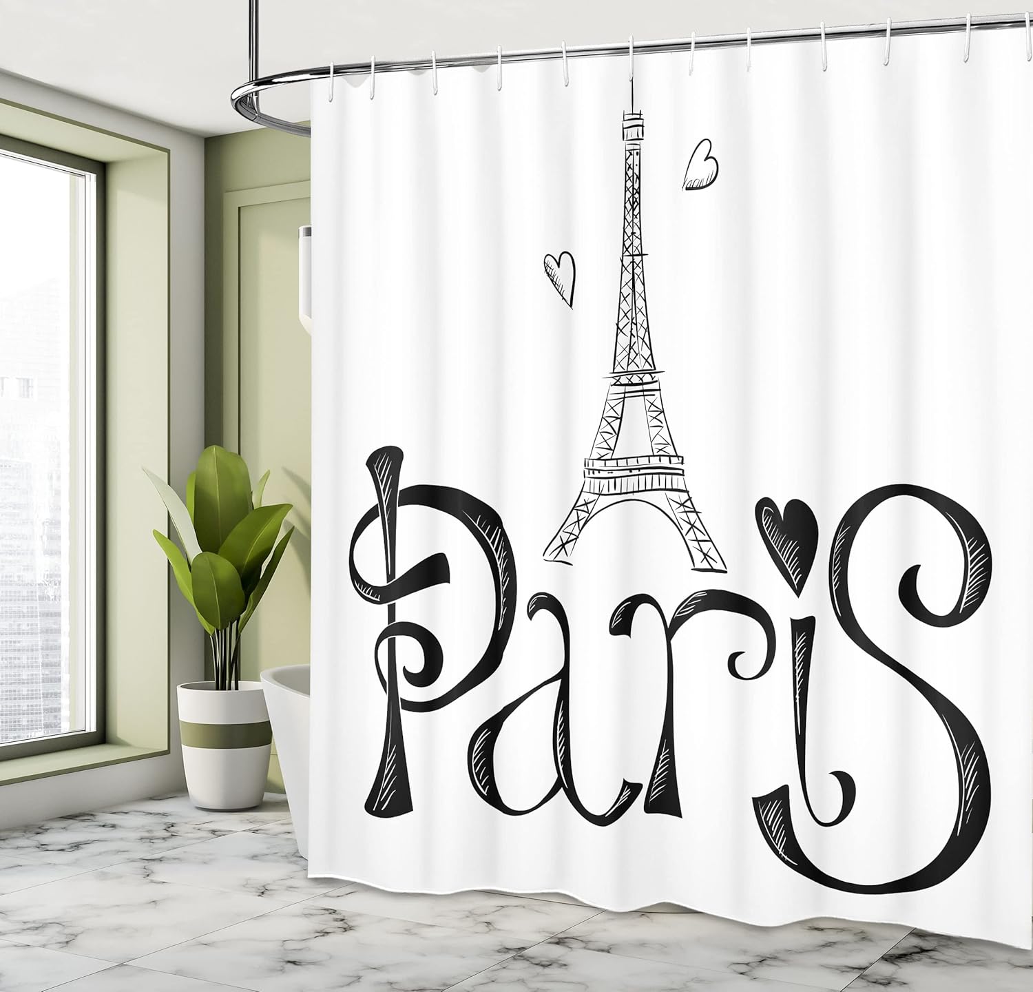 Ambesonne Paris Shower Curtain, Illustration with Eiffel Tower France Heart Shapes Silhouette Vacation Theme Art, Cloth Fabric Bathroom Decor Set with Hooks, 69" W x 84" L, White Black
