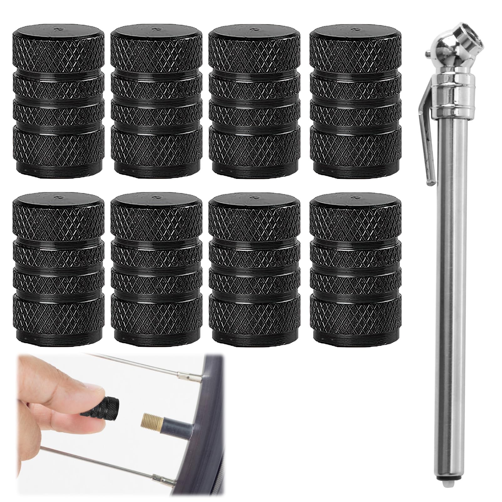 Tire Valve Stem Caps, 8 Pcs Aluminum Alloy with Plastic Liner, Leak-Proof & Corrosion Resistant with Tire Pressure Gauge, Universal Valve Stem Covers for Cars, Trucks, Motorcycles, Bikes (Black)