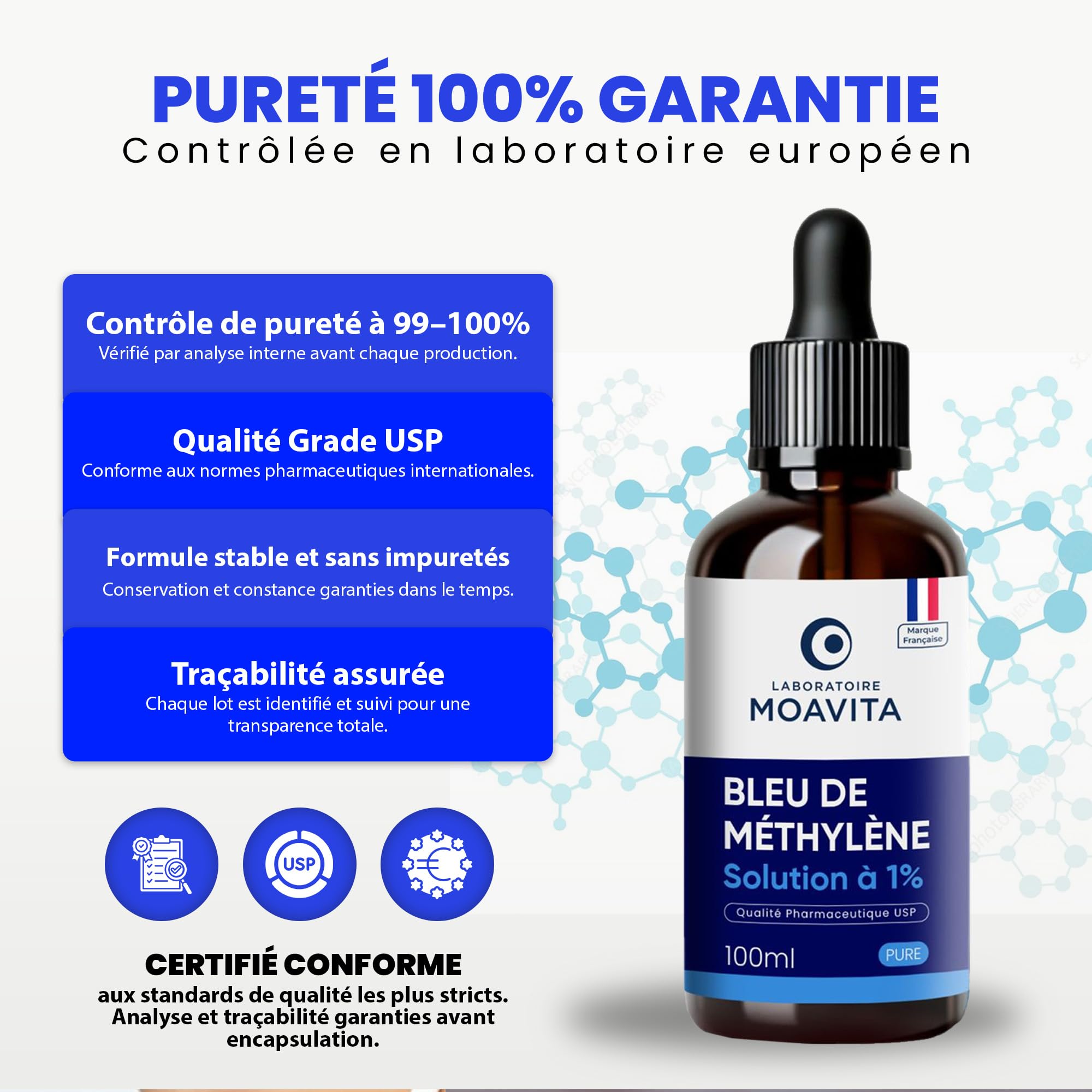 Bleu de Méthylène 1% – Lot de 2 x 100ml (200ml) - Solution Pure | Ultra Haute Pureté USP ≥99% | Fabriqué et Testé en Allemagne | Flacon Verre Ambré avec Pipette