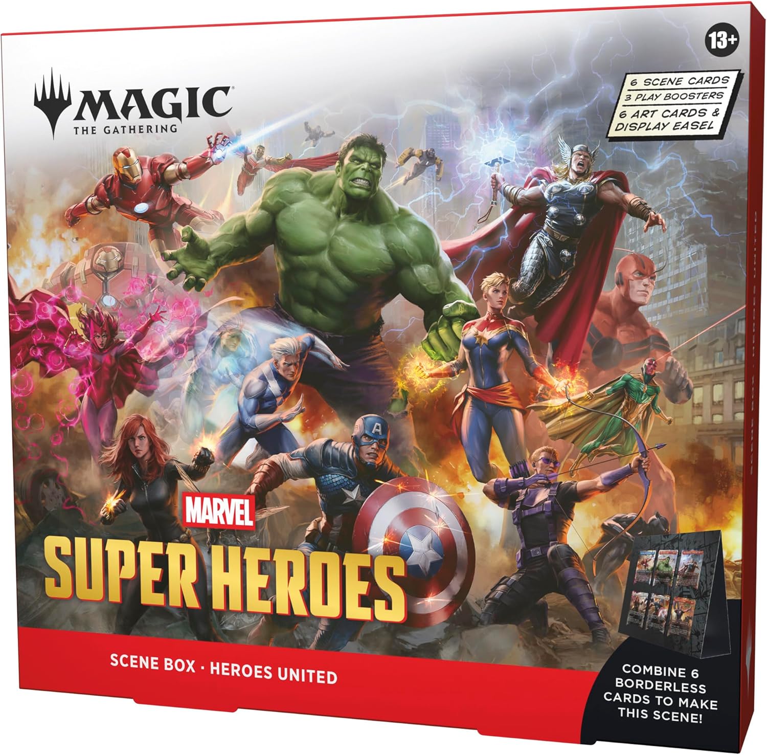 Magic: The Gathering | Marvel Super Heroes Scene Box - Heroes United | 6 Foil Borderless Scene Cards, 6 Art Cards, 3 Play Boosters + Display Easel