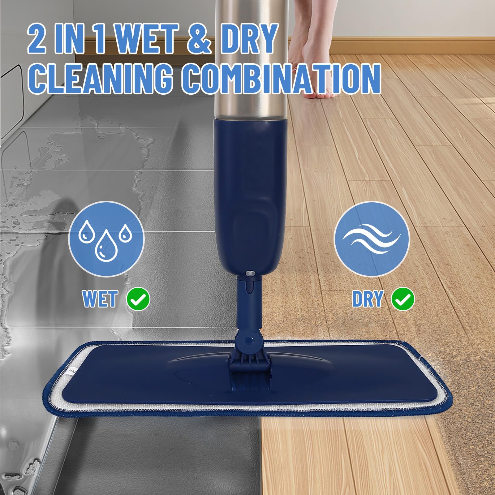 Mop z rozpylaczem, Mikrofibrowy mop z rozpylaczem z pojemnikiem do domu, kuchni, podłóg drewnianych, laminowanych, ceramicznych (Niebieski - 500 ML - 3 Podkładki)