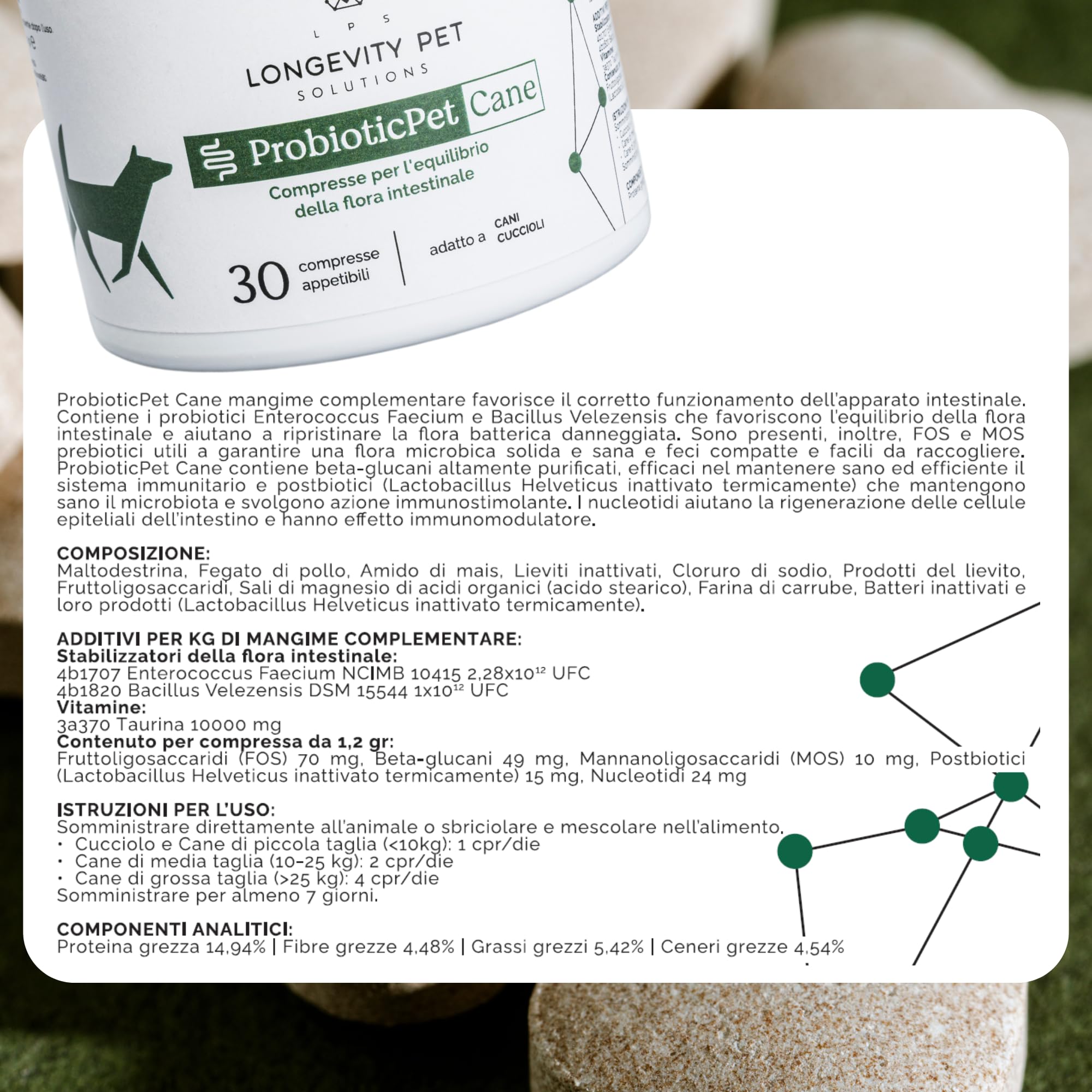 ProbioticPet Cane 30 Compresse per Prurito, Dermatite, Digestione | Probiotici per Cani FOS e MOS | Integratori per cani | Supporto per Diarrea Cane e Gatto | Made in Italy Longevity Pet