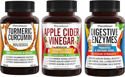 FarmHaven Curcumina de cúrcuma con pimienta negra BioPerine + enzimas digestivas con 18 probióticos + vinagre de sidra de manzana con madre