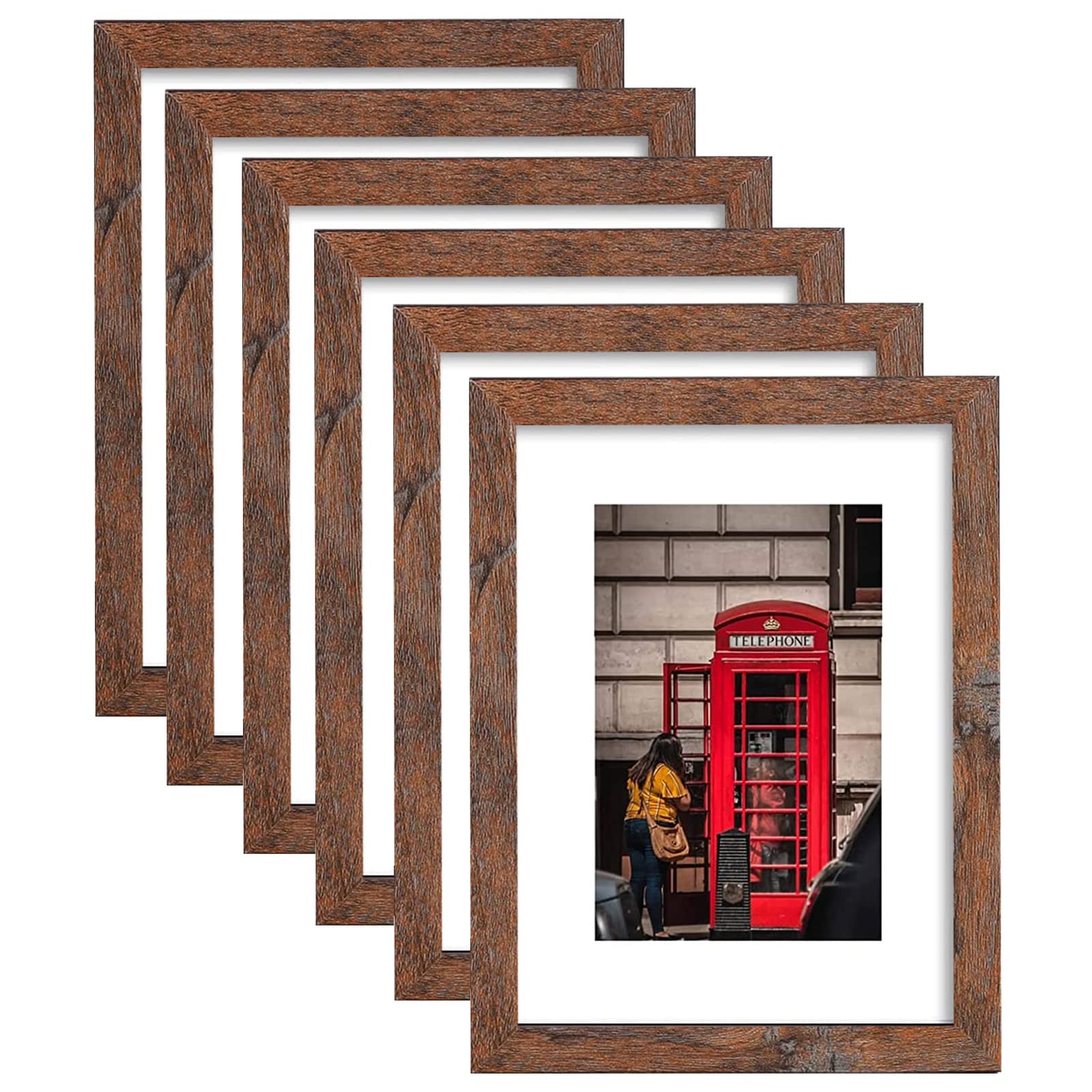 PWTAKO 11x14 Picture Frame Set of 6, Display Pictures 8x10 with Mat or 11x14 Without Mat for Wall Mounting,Rustic Brown