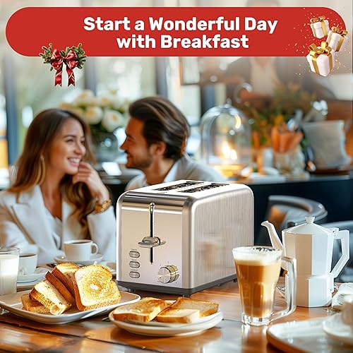 Vista 8 de YSSOA Tostadora de 2 rebanadas de acero inoxidable, 6 ajustes de tostado y funciones de bagel/descongelación/cancelación, con ranura extra ancha