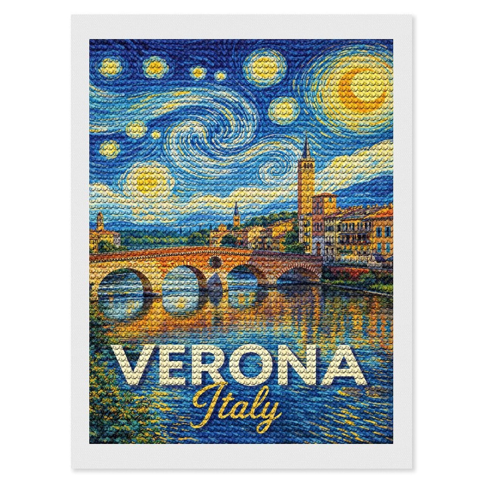 Junmoney Verona Italy Starry Night Painting Diamond Painting Canvas Set 12"x16", for Craft Lovers, Decorate Your Room, Festive Craft Gift, Vintage Style Decor
