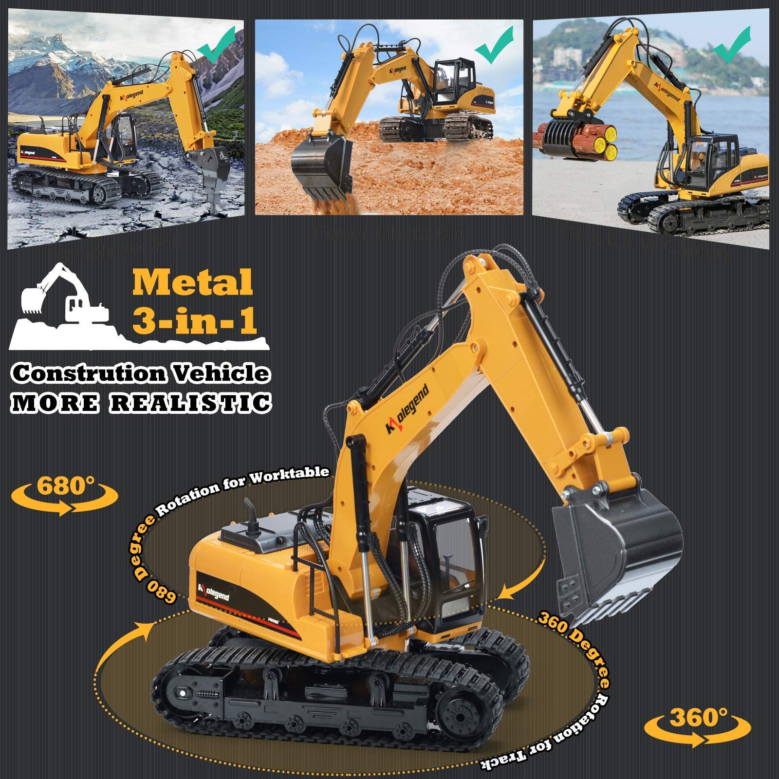 kolegend 3 in 1 Remote Control Excavator with Grab Drill Metal Shovel