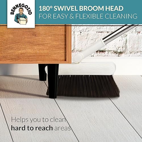 Miniatura 4 de Bennegozio - Juego de escoba y recogedor  Escoba ajustable, flexible y resistente con recogedor, incluye cepillo de mano de madera, sartenes con