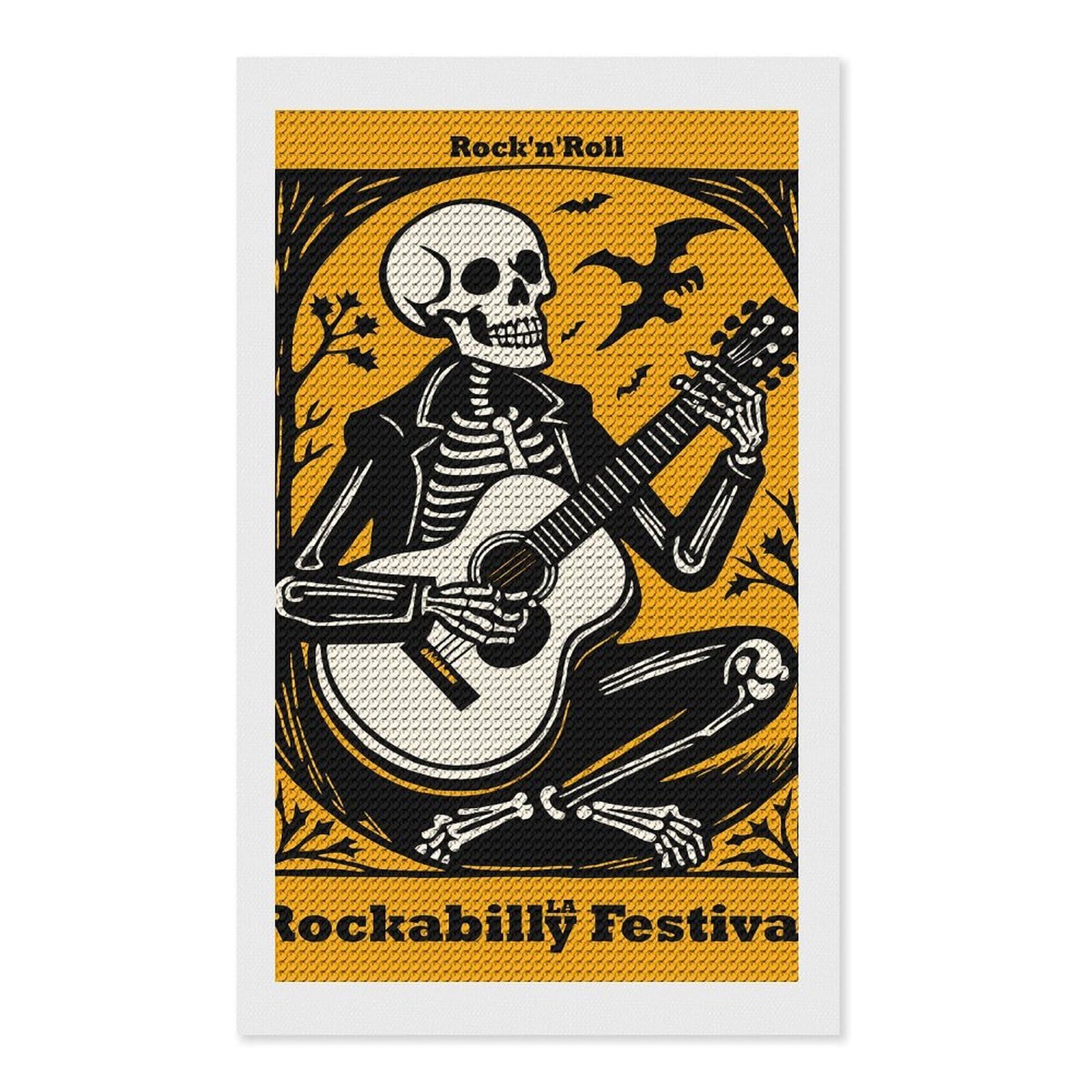 Junmoney Rockabilly Festival Skeleton Guitarist Round Drill Diamond Painting 12"x20", for Women, Relaxing DIY Hobby, Bedroom Decor, Christmas Gift, Adhesive Canvas