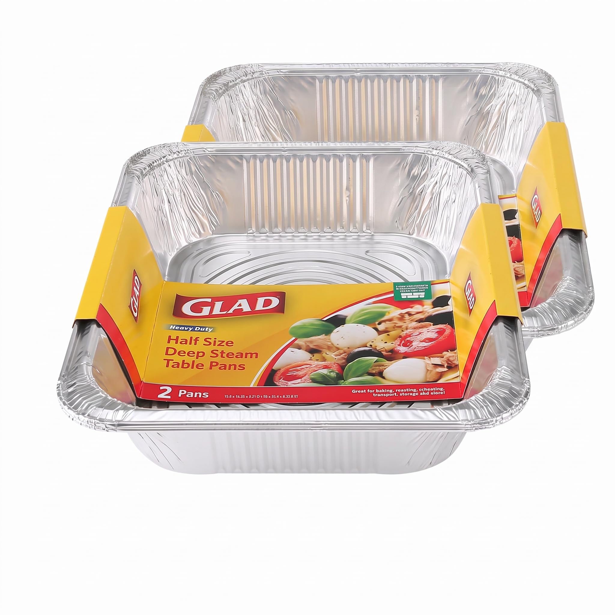 Glad Disposable Half Size Aluminum Steam Pans, Deep Heavy Duty Foil Pans for Steaming, Baking, Roasting, Meal Prep, Catering &amp; Freezer Storage, 12.5 x 10.25 x 2.5 Inch, 2 Count - 2 Pack